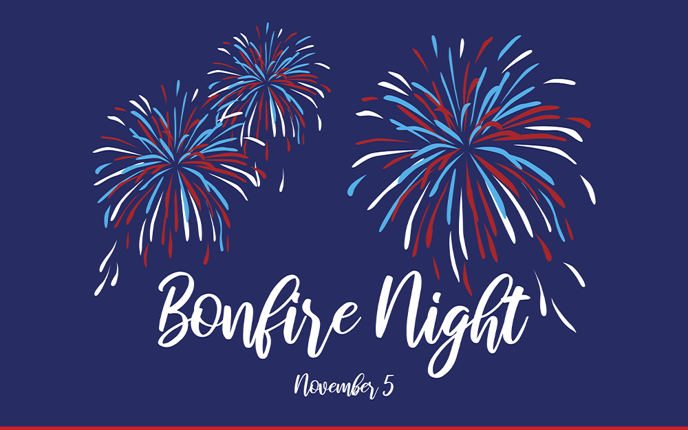 A dark blue background with an illustration of multicoloured fireworks set against it. Underneath, there is text that says "Bonfire Night".
