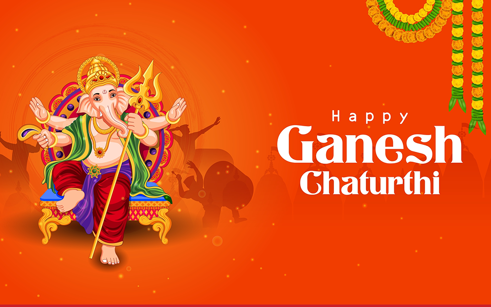 An orange background with text that says "Happy Ganesh Chaturthi".