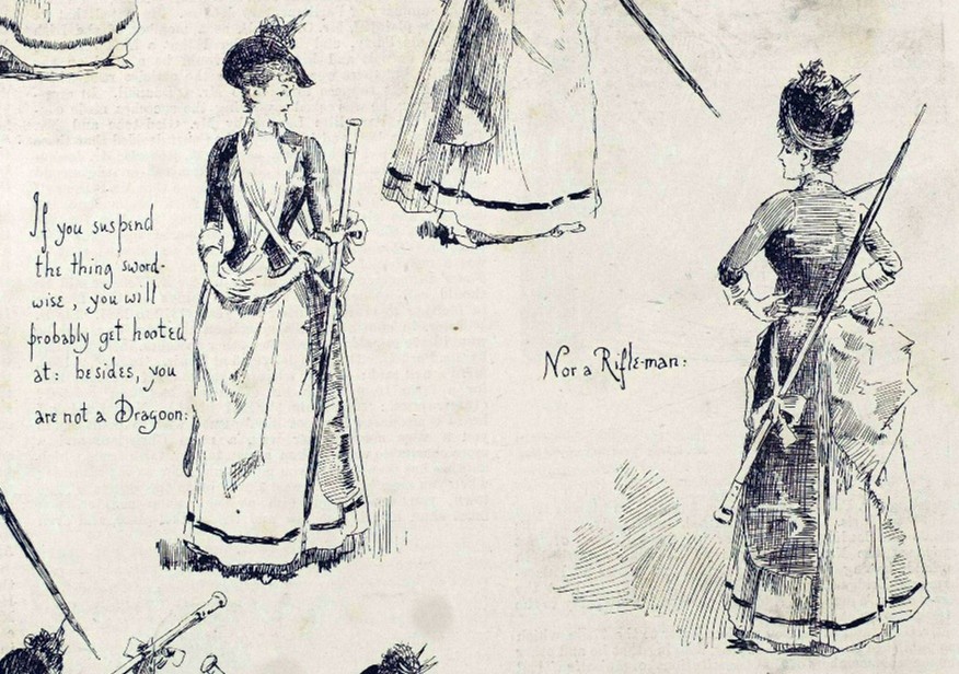 Two illustrations of a woman holding an umbrella. In the first it is on her hip, in the second it is across her back. Text next to the images reads "If you suspend the thing sword-wise, you will probably get hooted at: besides, you are not a Dragoon." and "Nor a Rifle-man".