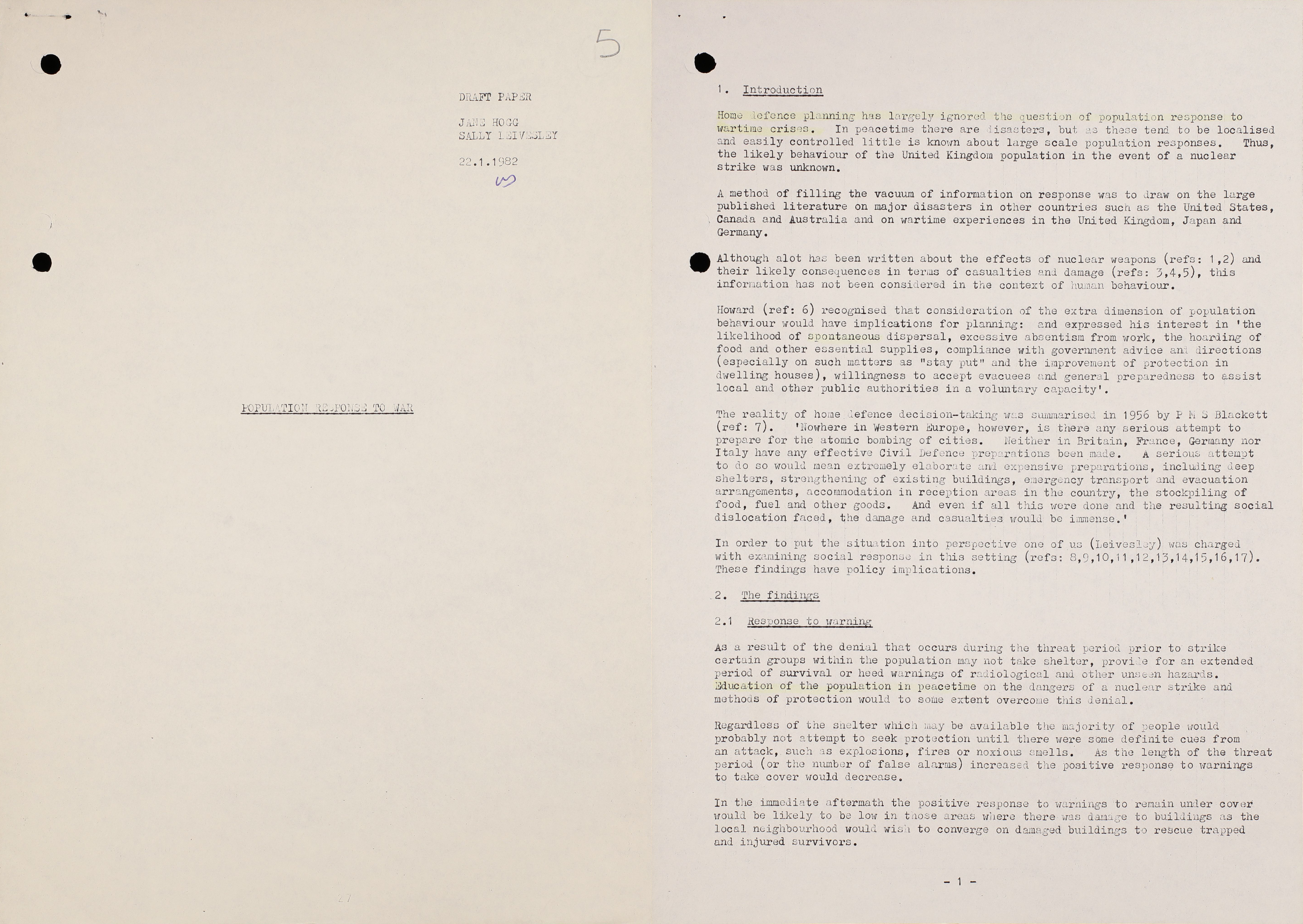 On the left is the front cover of a draft of a report titled "Population Response to War". On the right is a page from the draft report, showing "1. Introduction", "2. The findings" and "2.1 Response to warning". 