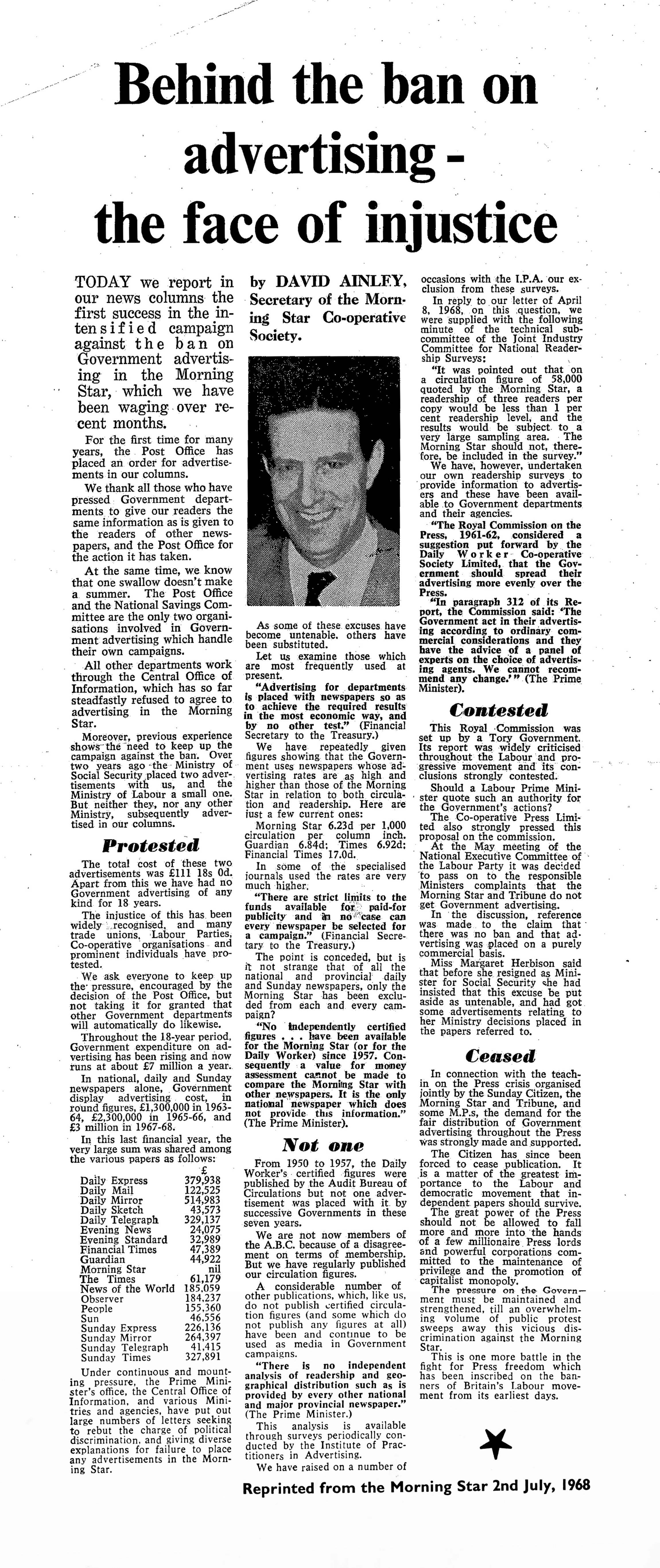 An article titled "Behind the ban on advertising - the face of injustice", dated 2nd July 1968. A photograph of the author, David Ainley, is in the center top of the page.