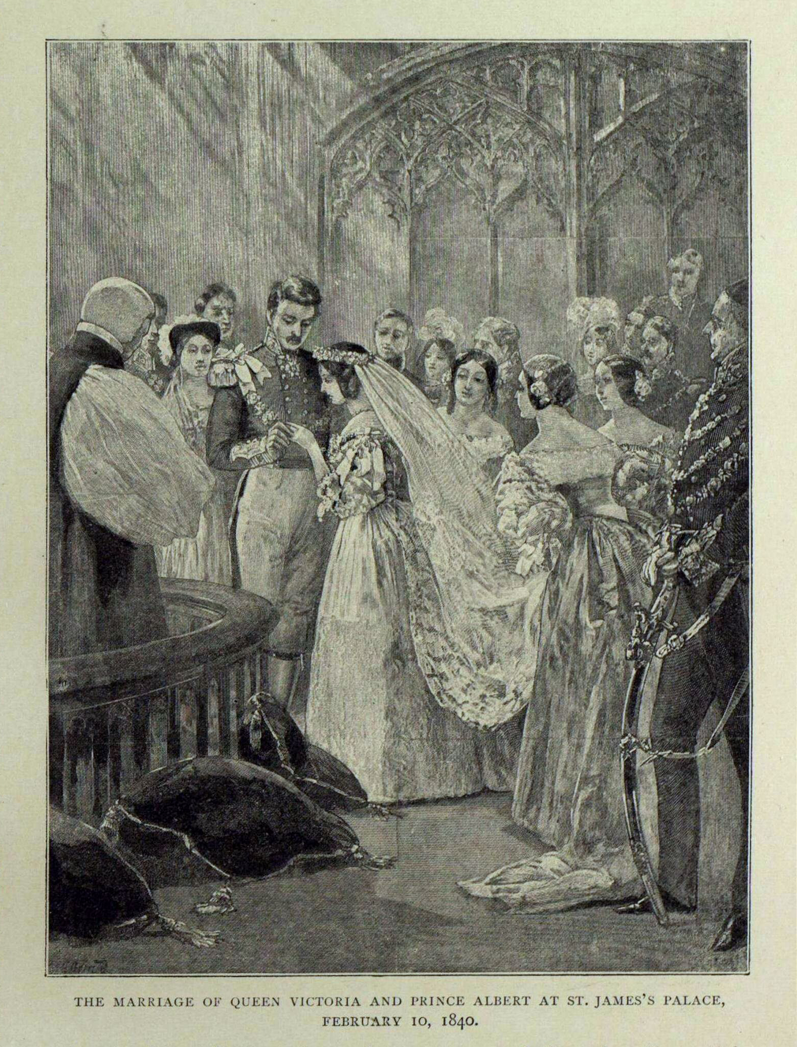 An illustration of Queen Victoria and Prince Albert's wedding, showing them exchanging rings, from The Illustrated London News, 1911. Caption beneath reads "The Marriage of Queen Victoria and Prince Albert at St. James's Palace, February 10, 1840."