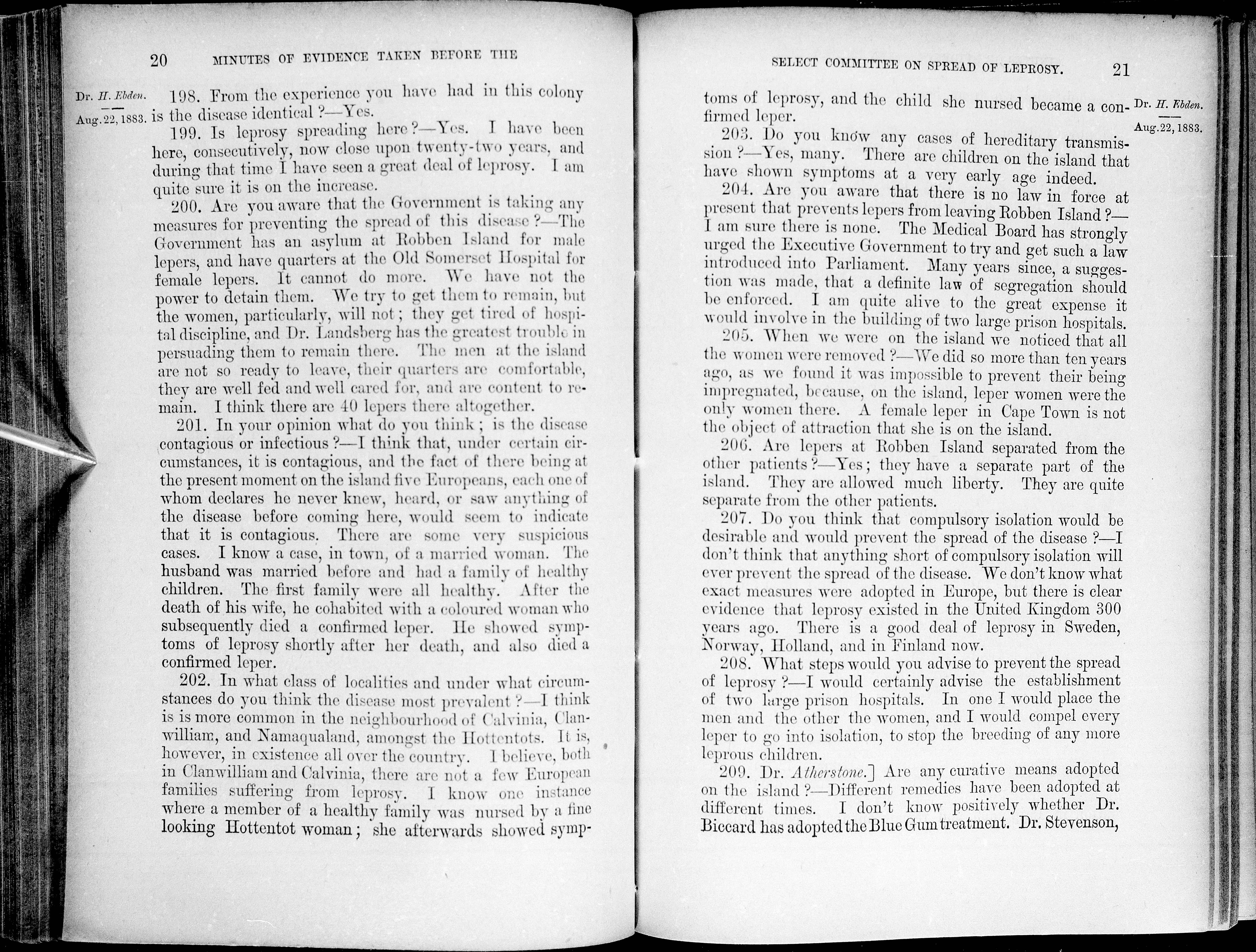 Two page spread from the 1883 Report of the Select Committee on The Spread of Leprosy, titled "Minutes of Evidence Taken Before The Select Committee on Spread of Leprosy".