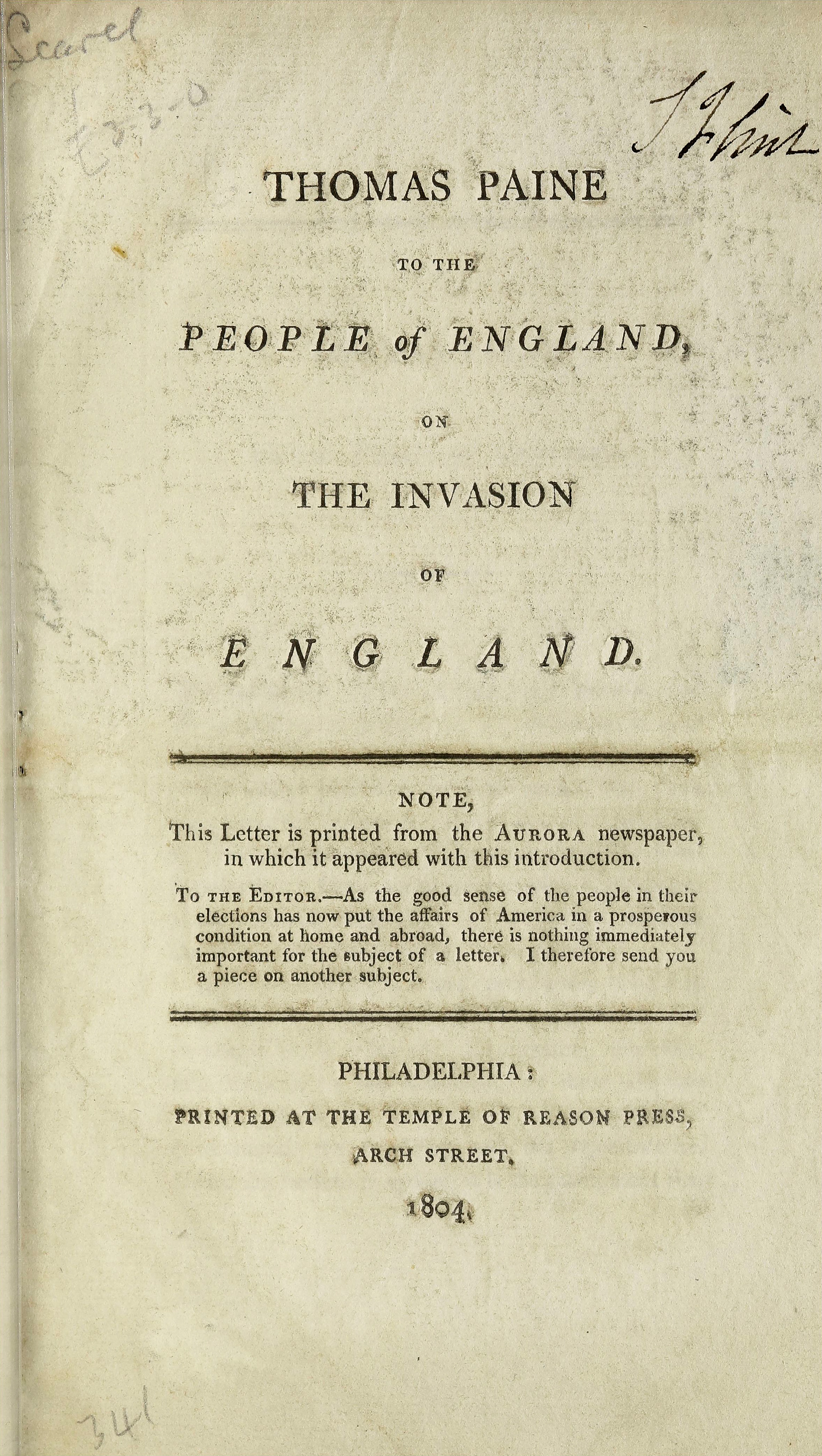Front page of a pamphlet titled "Thomas Paine to the People of England, on the Invasion of England", published in Philadelphia, 1804. 