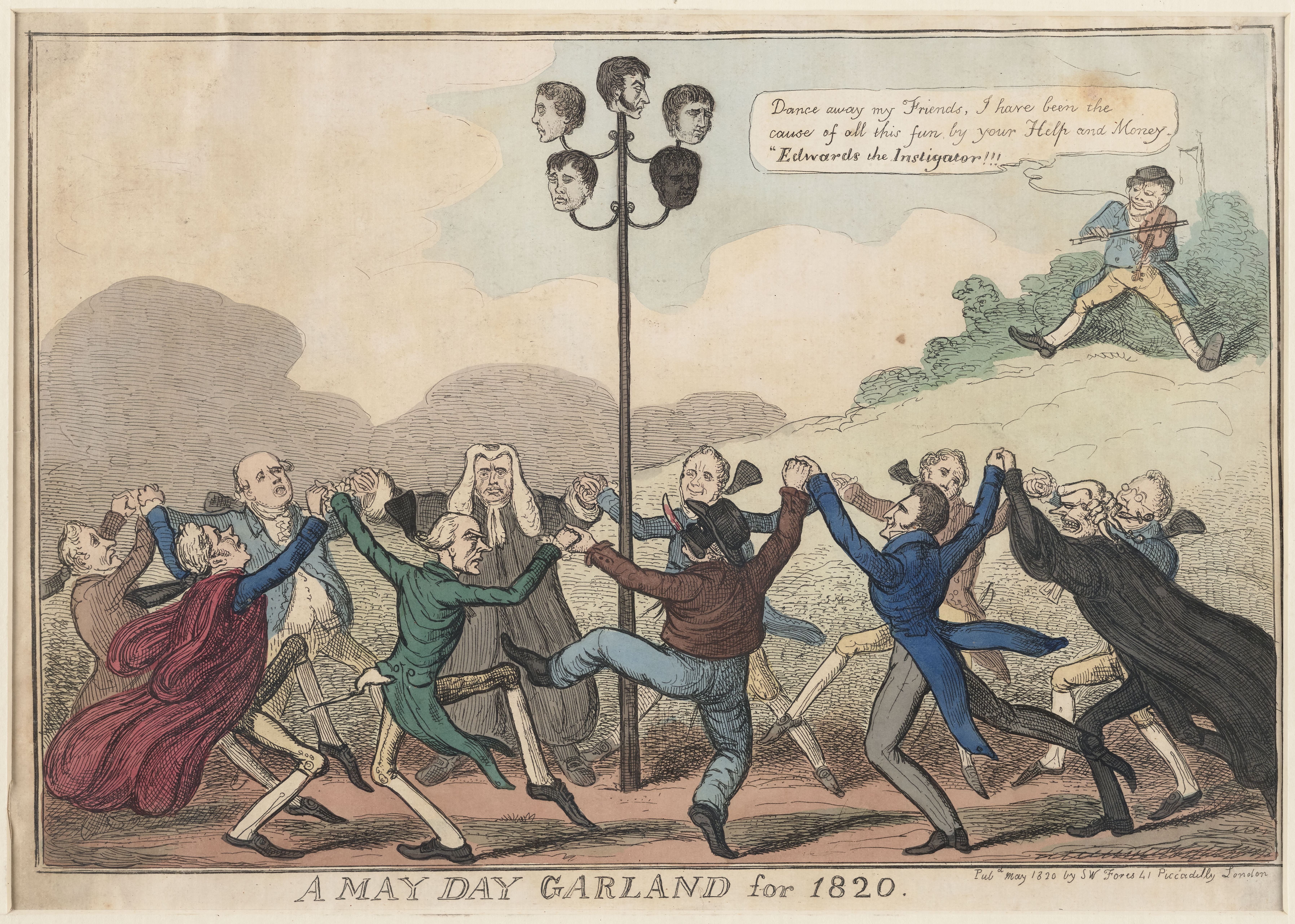 A print of politicians dancing around a maypole with the decapitated heads of the Cato Street conspirators atop it. Captioned "A May Day Garland for 1820".