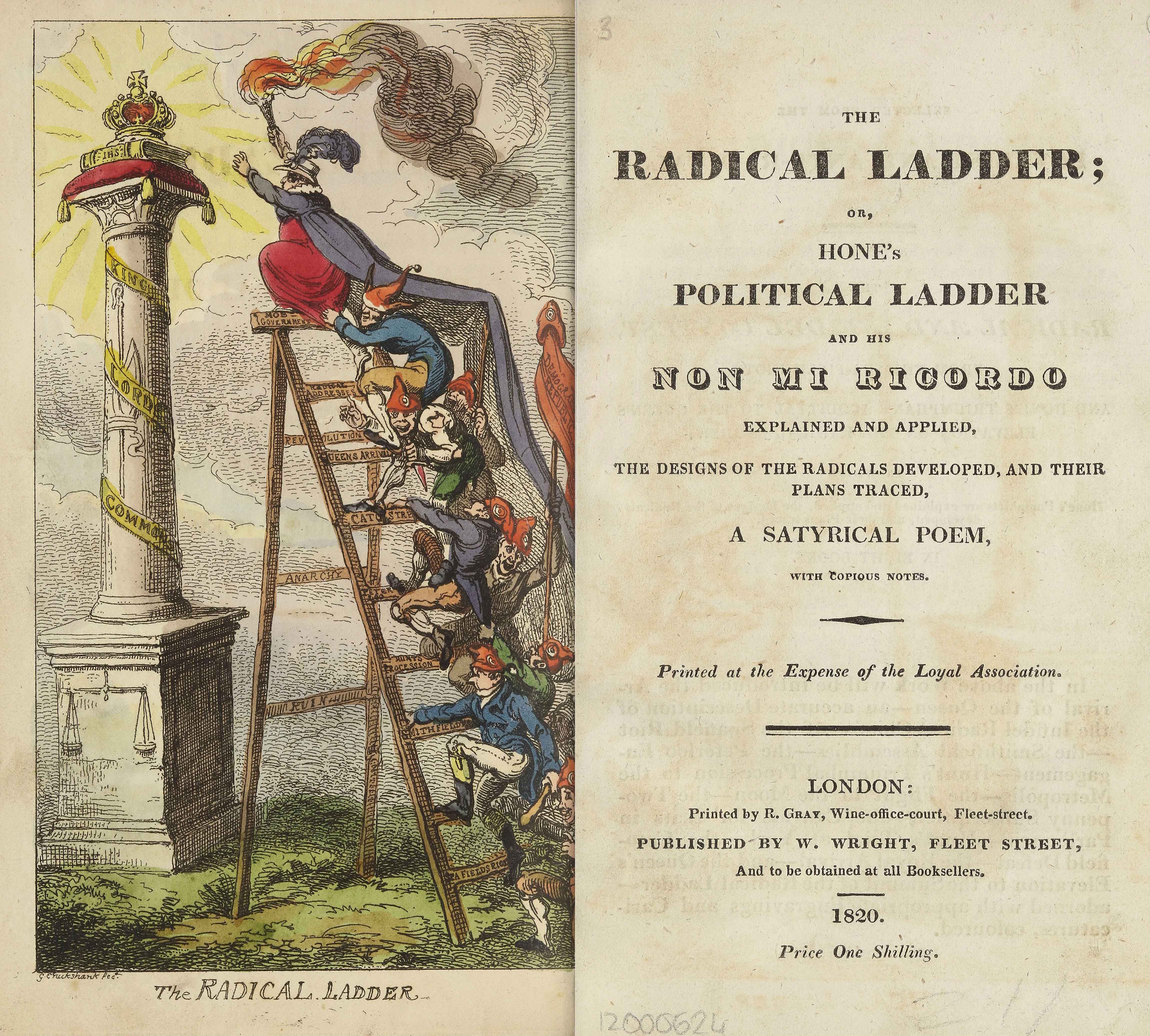 Two pages. On the left is an illustration by George Cruikshank showing Queen Caroline climbing a stepladder to set fire to a crown. Several people follow her. Below it is captioned "The Radical Ladder". On the right is a title page, titled "The Radical Ladder; or, Hone's Political Ladder and his Non Mi Ricordo", 