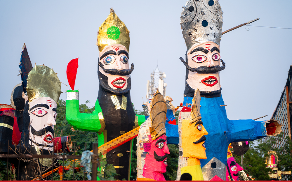 Colorful effigies of demon king Ravan, made of paper, on the Hindu festival of Dussehra.