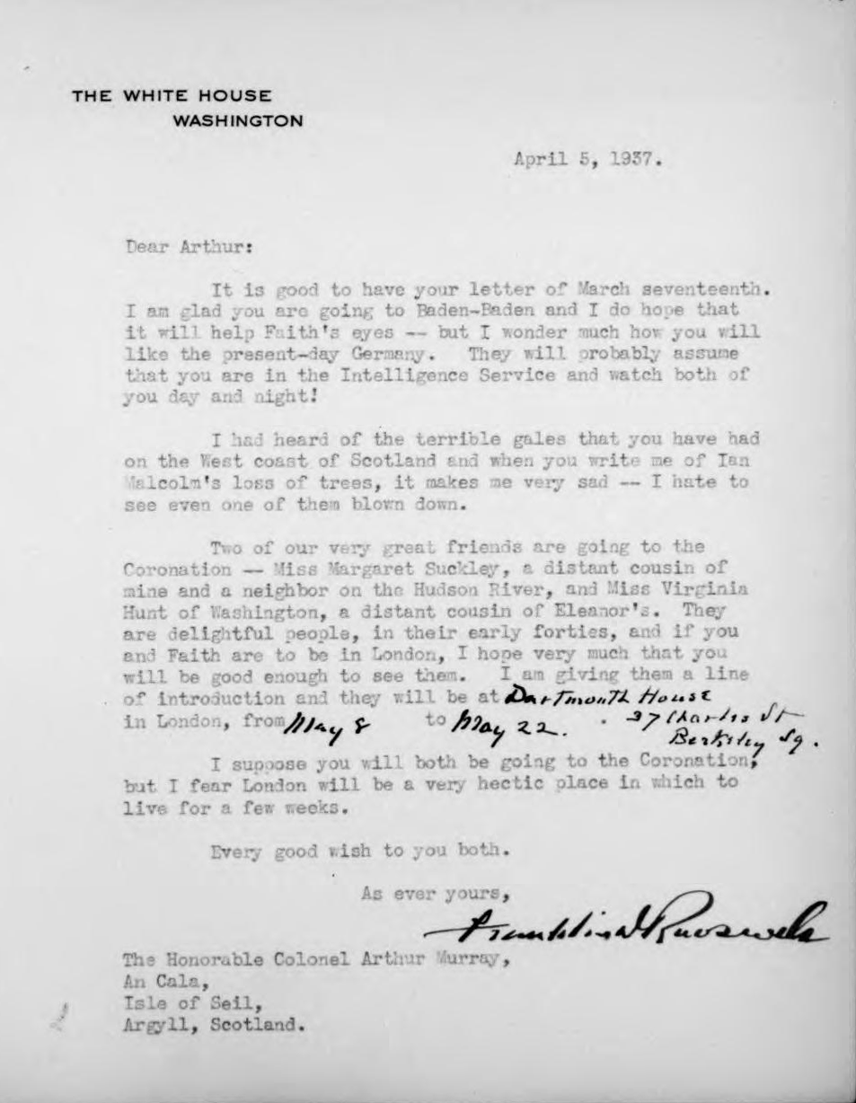 A page of typed text with the letterhead "The White House, Washington", dated 5 April 1937 and signed by Franklin D. Roosevelt.