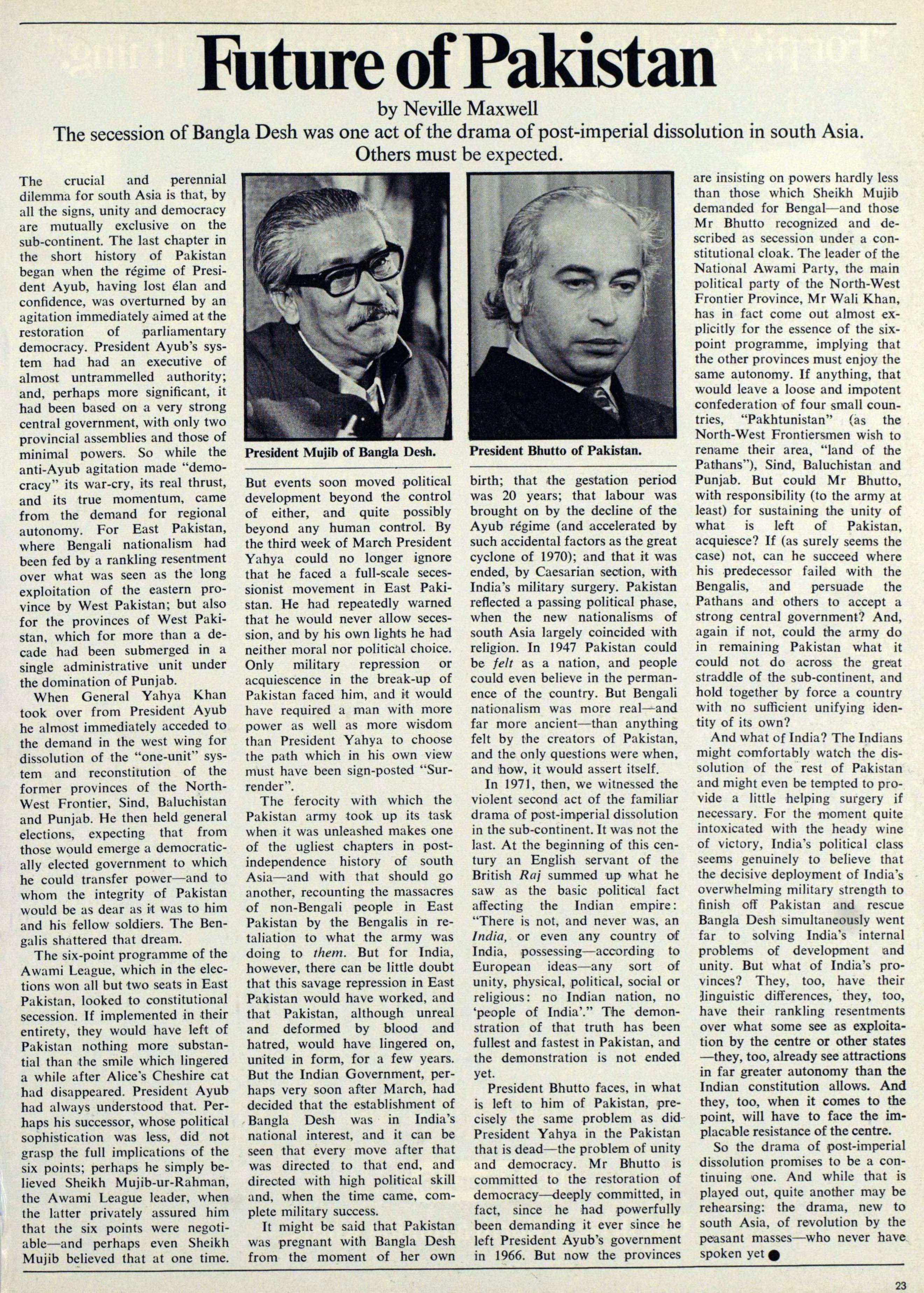 An article from The Illustrated London News titled "Future of Pakistan", by Neville Maxwell, featuring photographs of President Mujib and President Bhutto below the title. 
