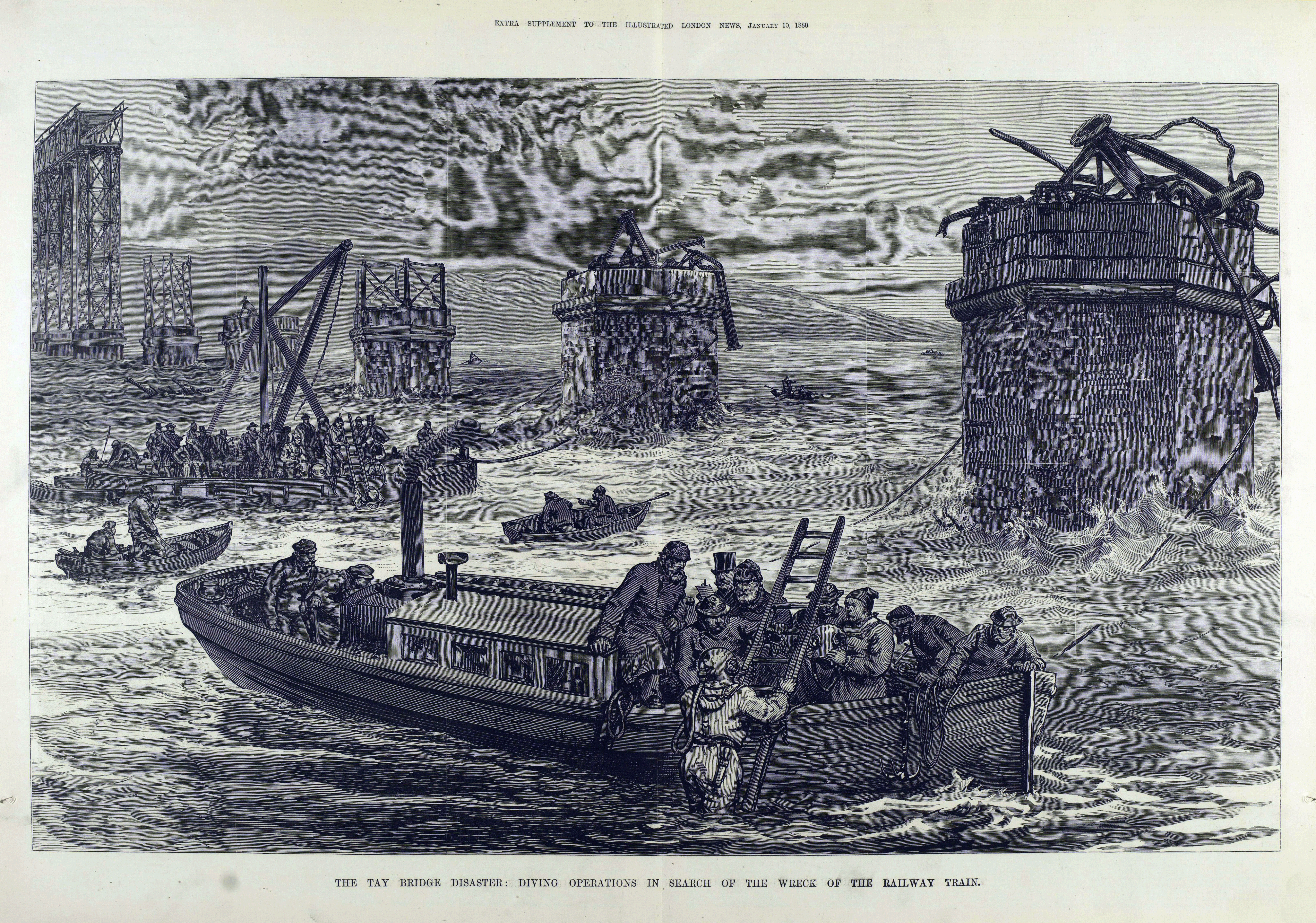 An illustration from The Illustrated London News showing people in a small boat on the water. In the background, another small boat full of people and several large structures with broken railing on top of them can be seen. It is captions "The Tay Bridge Disaster: Diving Operations in Search of the Wreck of the Railway Train". 