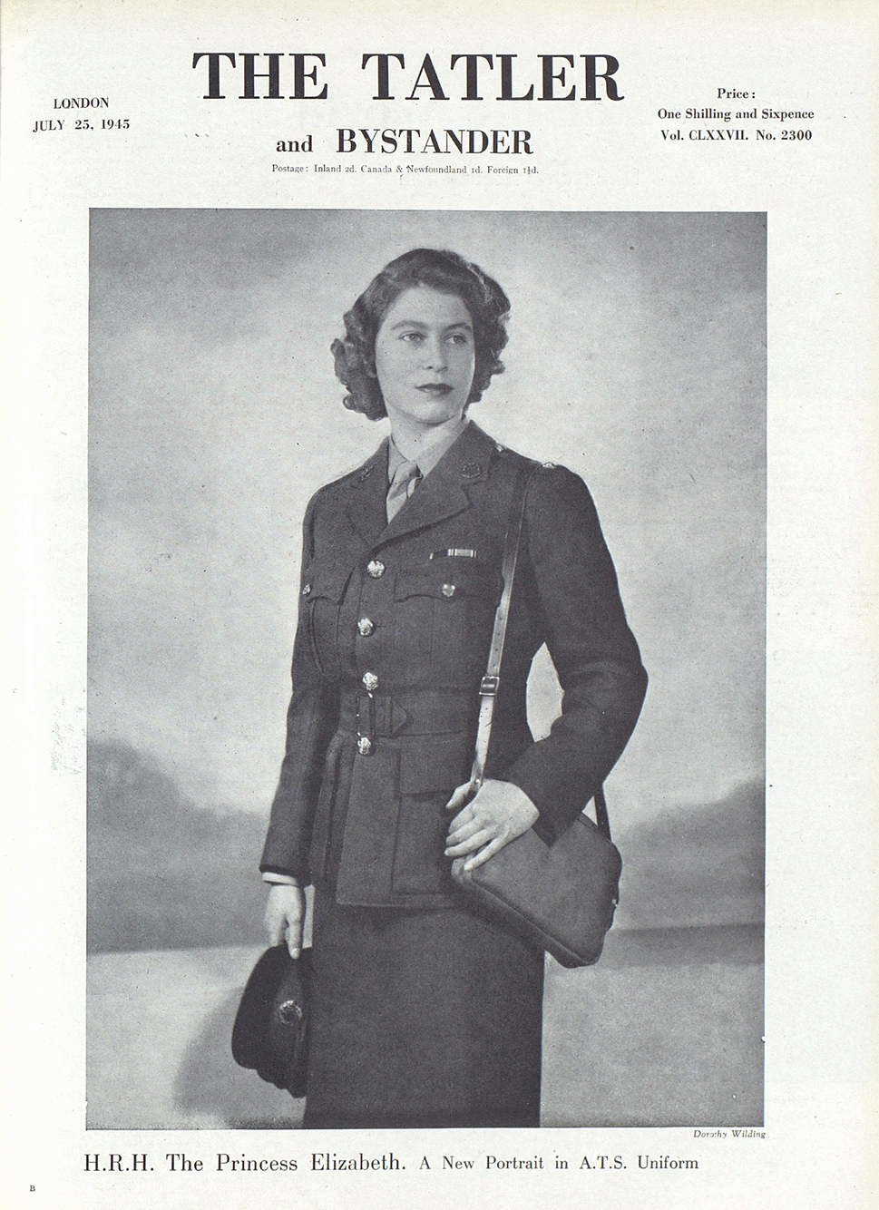 A front cover from The Tatler. It features a photograph of Princess Elizabeth in her ATS Uniform. She holds her hat in her hand, and rests her other hand on a bag that is hung from her shoulder.
