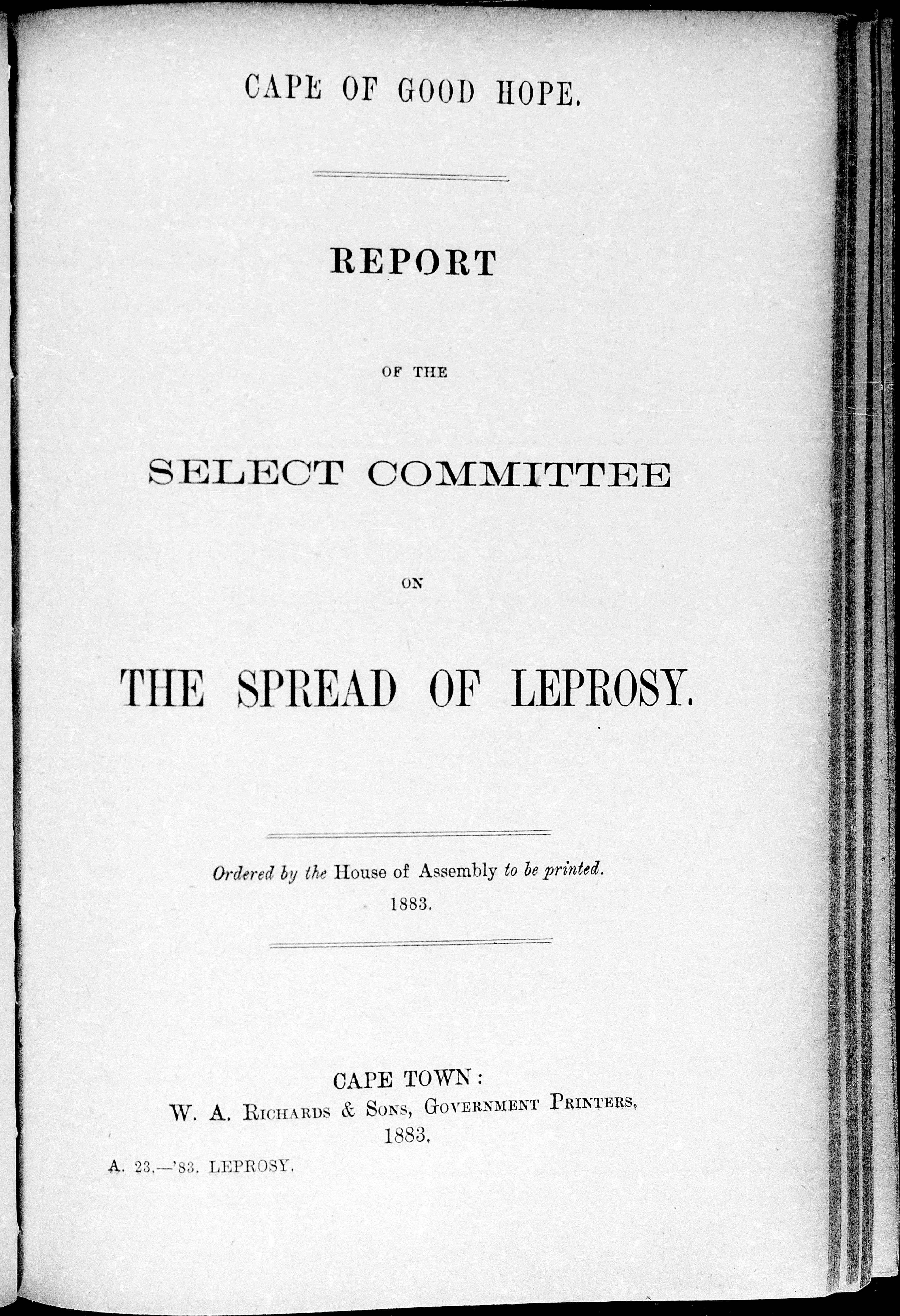 Front cover of the Cape of Good Hope "Report of the Select Committee on The Spread of Leprosy", published 1883. 