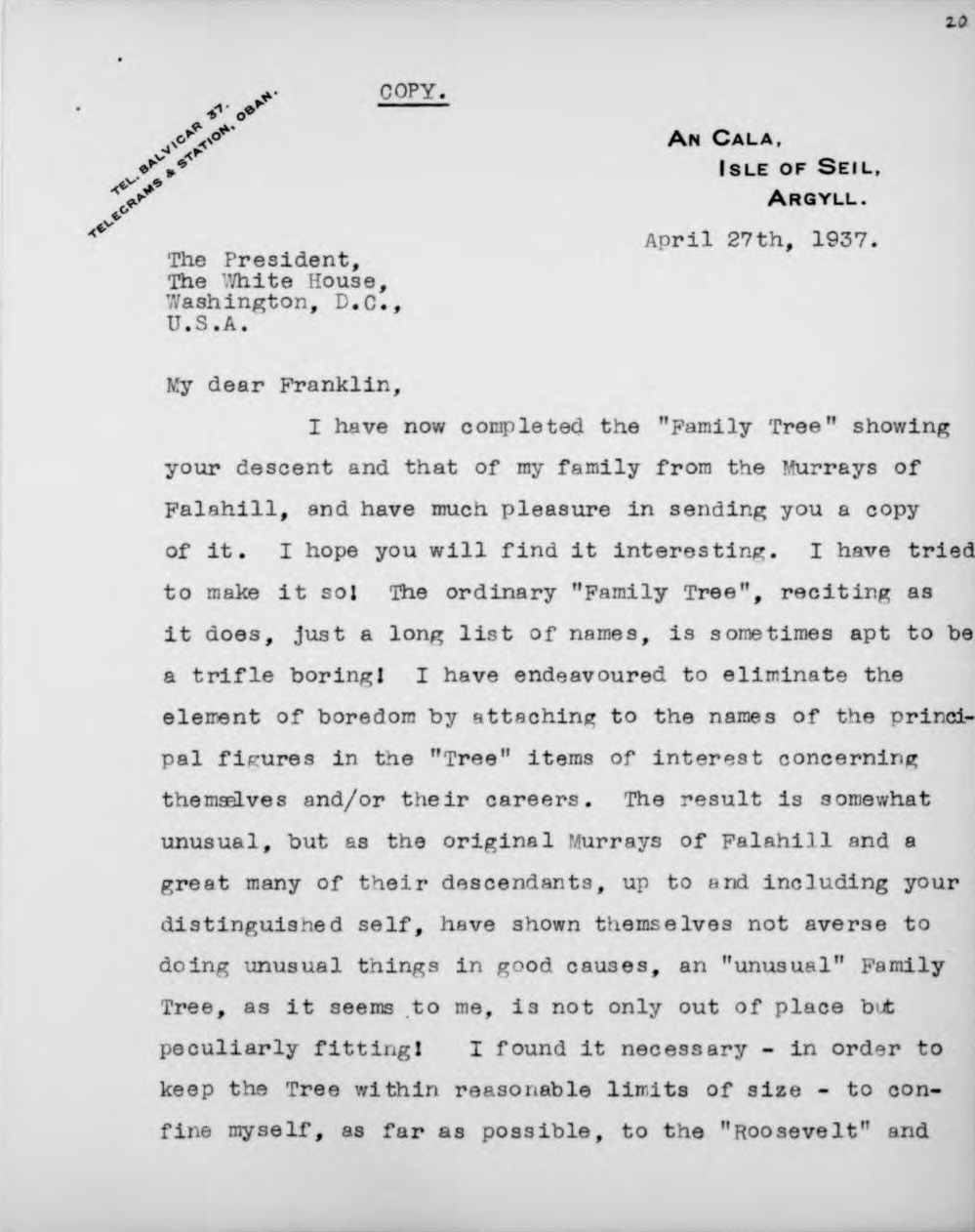 A typed copy of a letter from Arthur Cecil Murray, 3rd Viscount Elibank, to President Franklin D. Roosevelt, dated April 27th 1937.