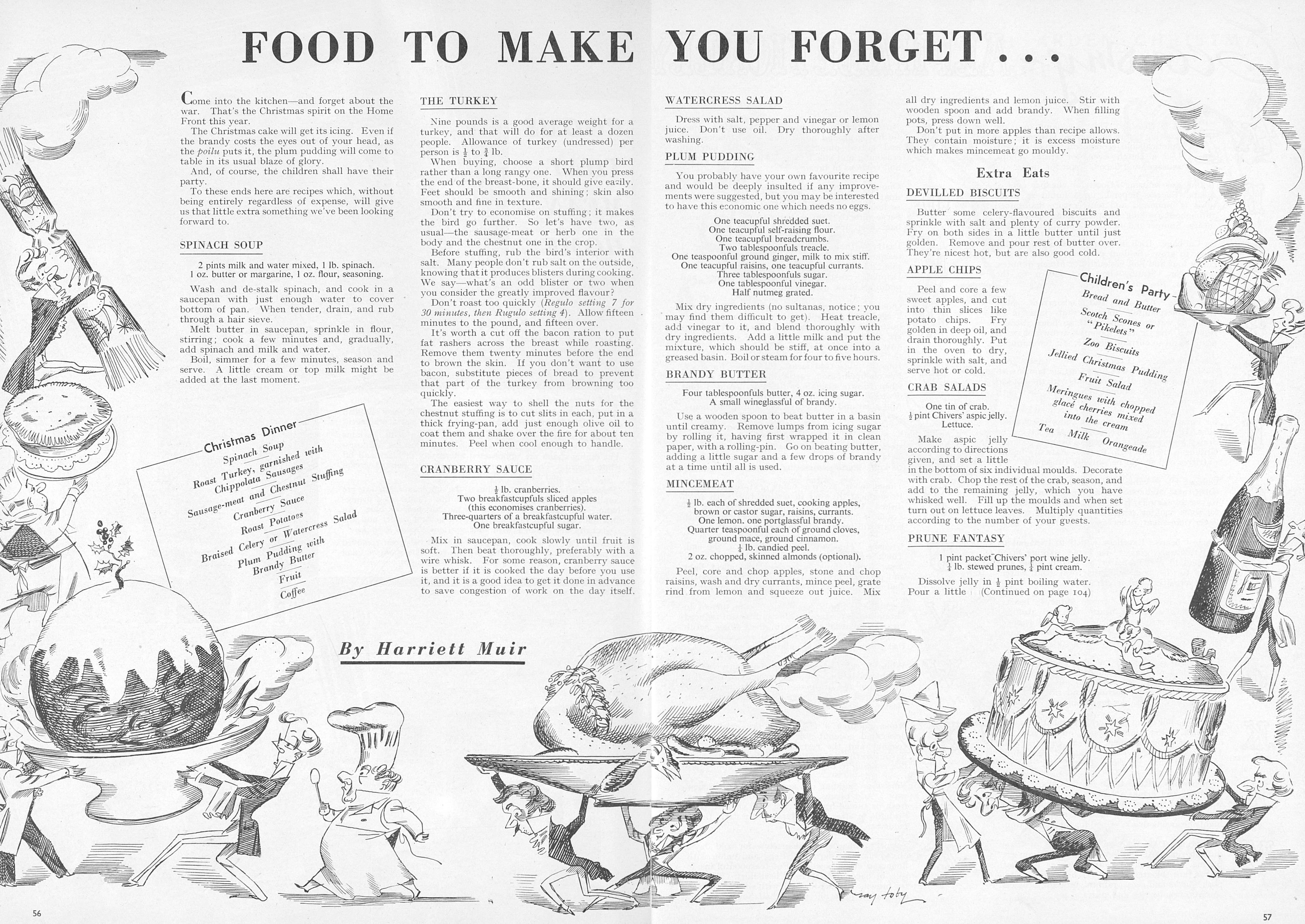 A two page spread from Britannia and Eve titled "Food to Make You Forget". Four columns of text feature across the two pages, with recipes for Christmas food in them. Illustrations of cartoon people carrying oversized Christmas food adorns the bottom and sides of the pages.