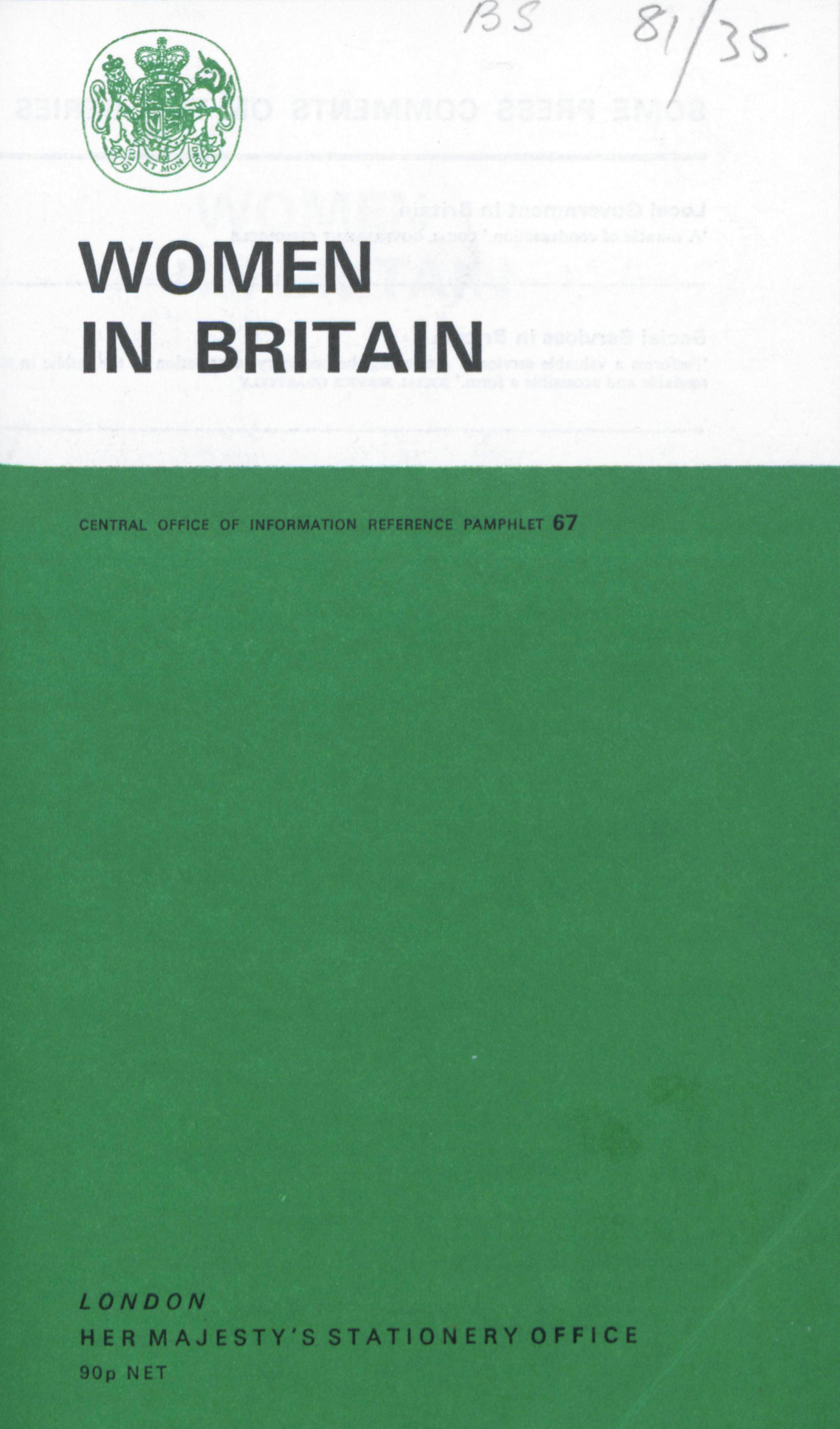 The front cover of the "Central Office of Information Reference Pamphlet 67", titled "Women in Britain".