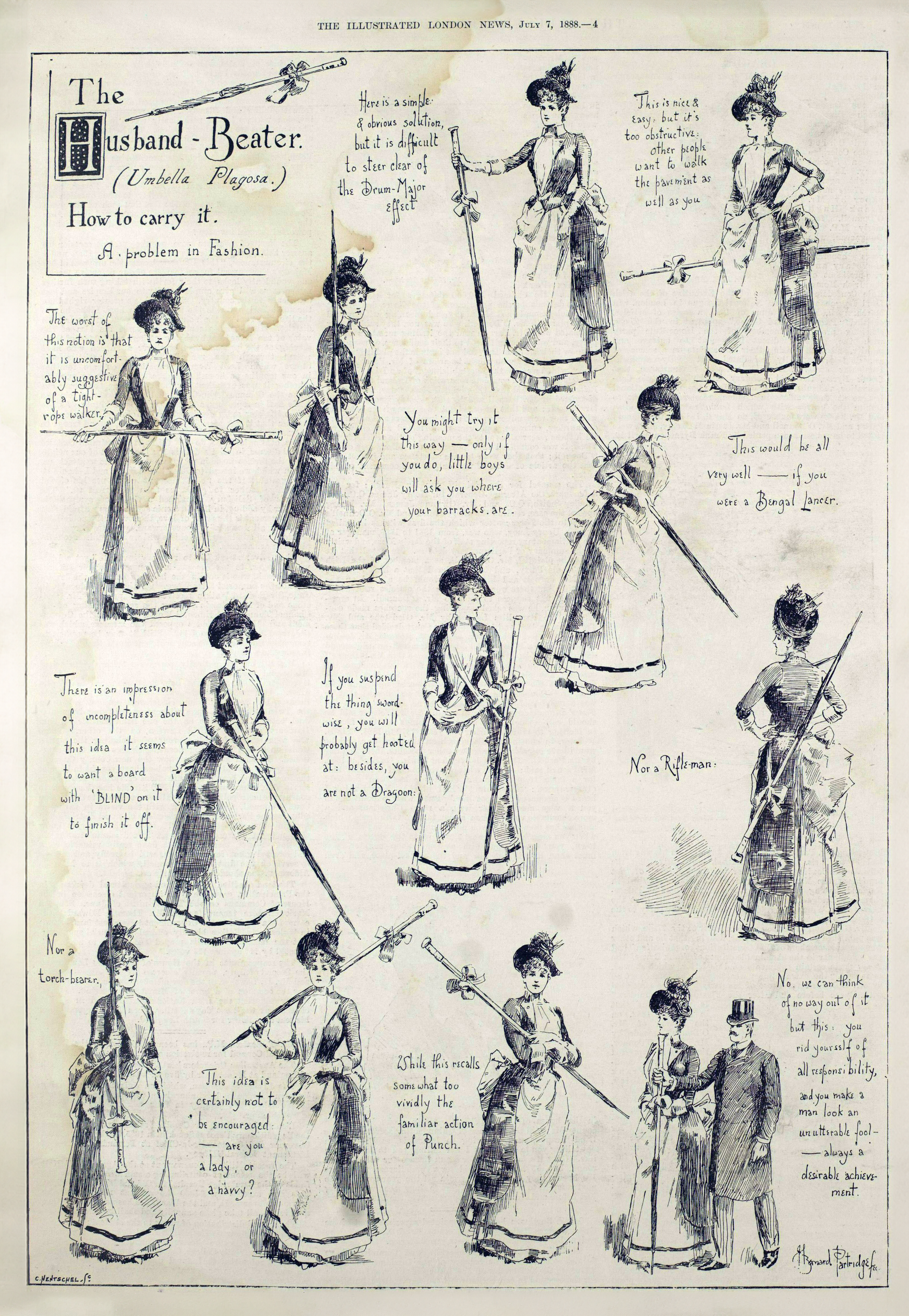 A group of illustrations that depict a woman modelling various ways of carrying an umbrella, each accompanied by a witty commentary on her poses.