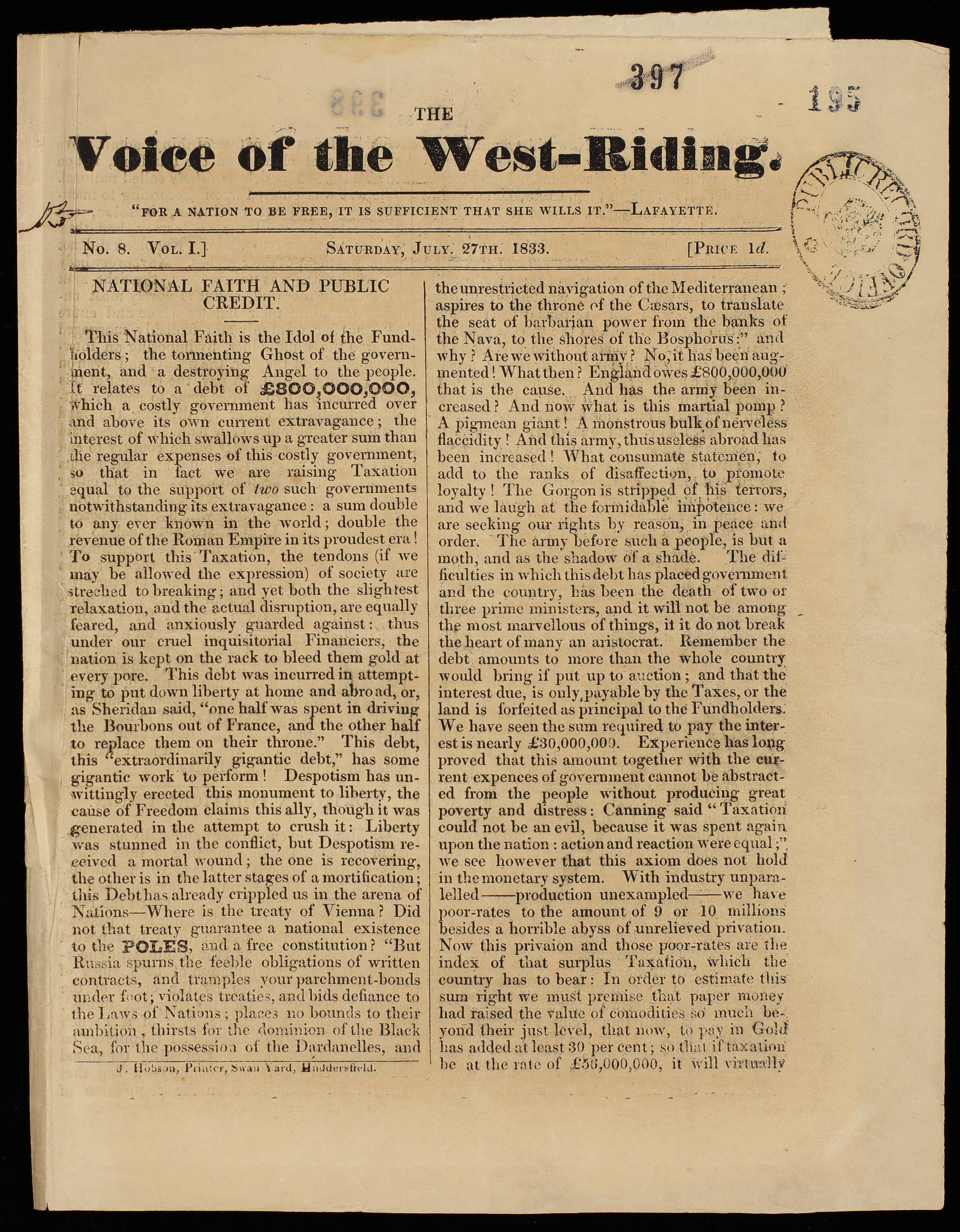 The front page of an number 8, volume 1, of "The Voice of the West-Riding" dated "Saturday, July, 27th. 1833." Two large columns of text are beneath the title. The column on the left is titled "National Faith and Public Credit."