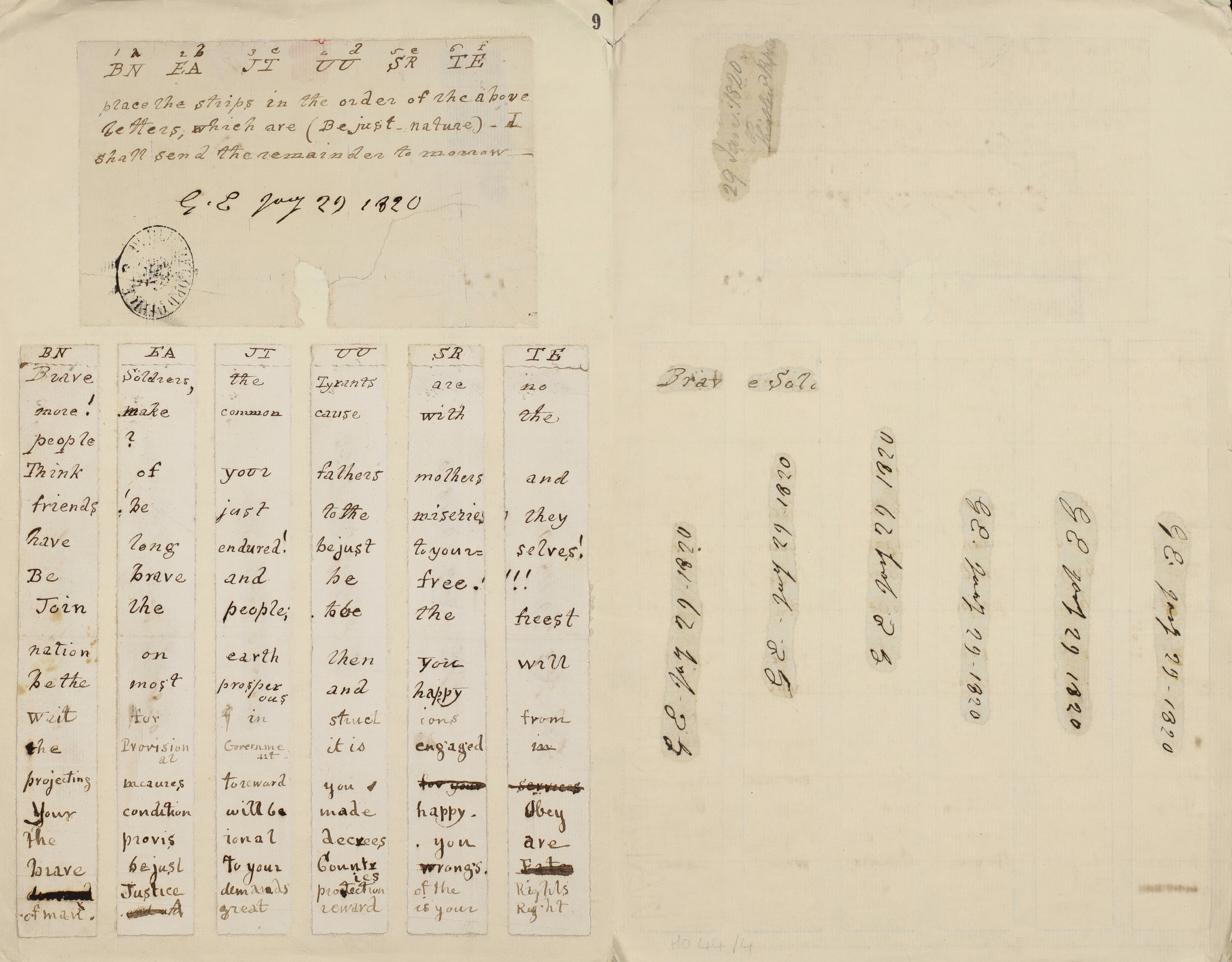 Two pages of an encoded speech. The text on the left page is split into six vertical strips, with information to decode the strips at the top. Six dates following the initials G. E. feature on the right page.