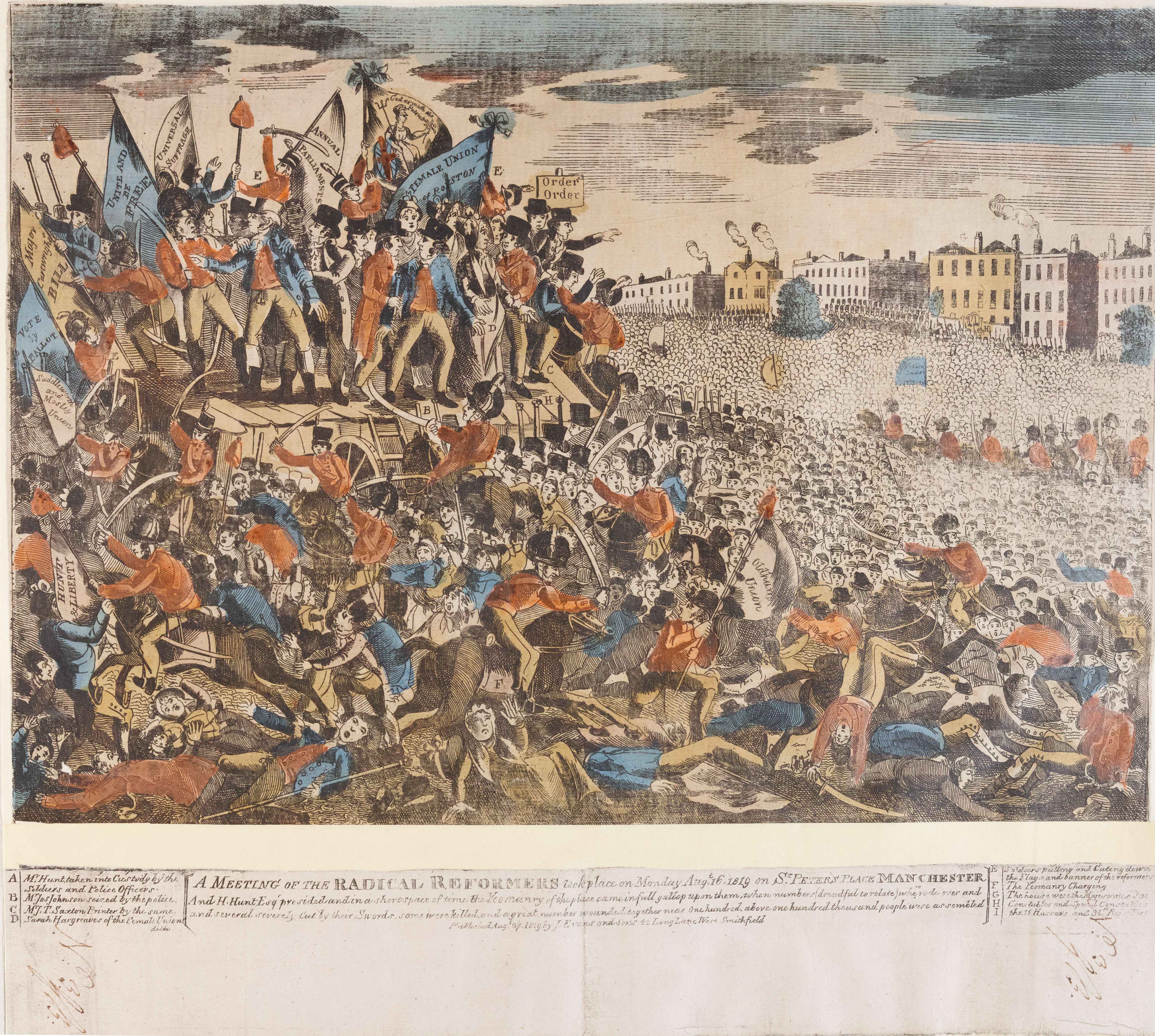 A coloured engraving of the Peterloo massacre, with handwritten text beneath.