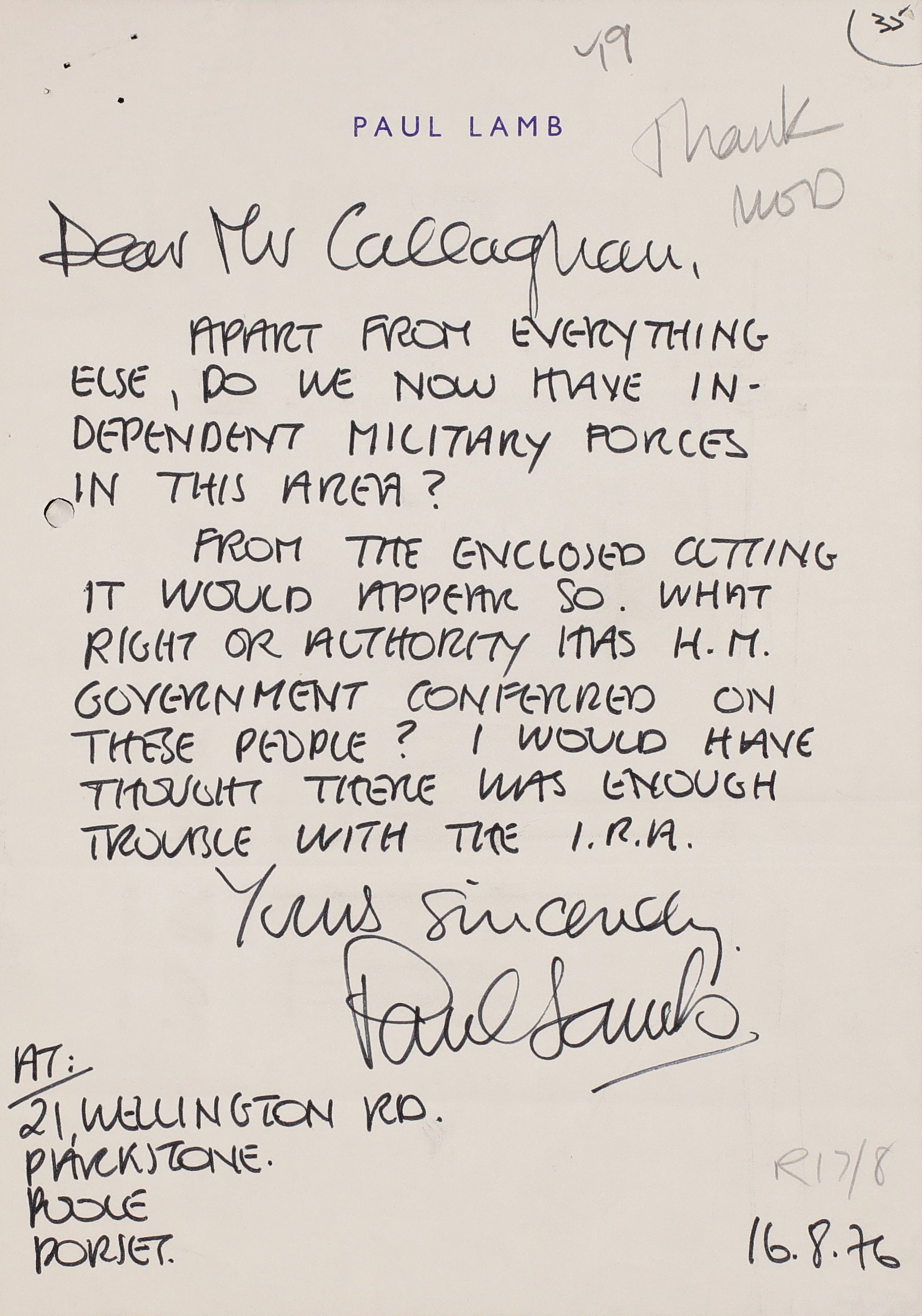 A letter from Paul Lamb to Mr Callaghan, handwritten and dated "16.8.76".