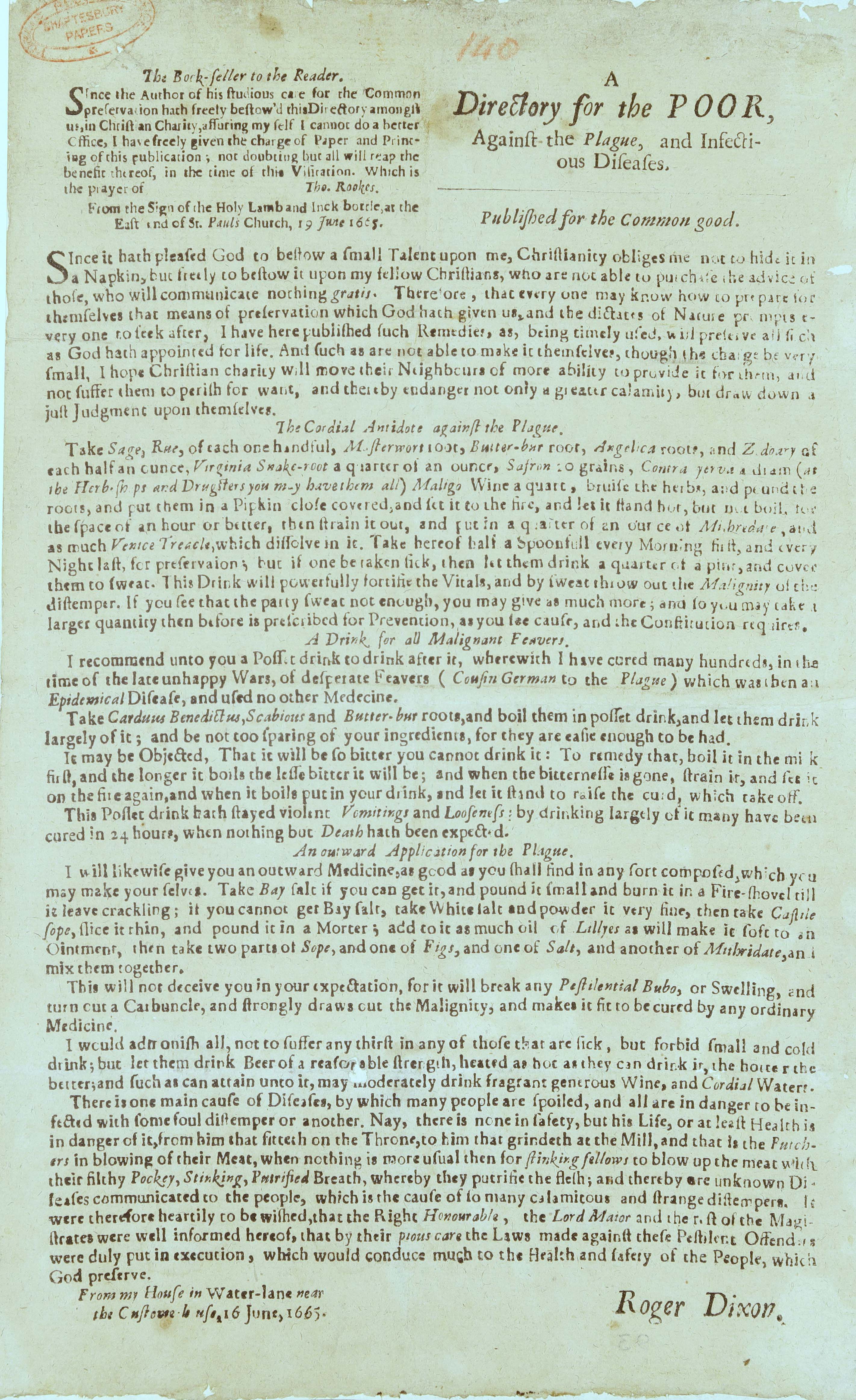 A broadsheet titled "A Directory for the Poor Against the Plague, and Infectious Diseases", signed by Roger Dixon and dated 16 June 1665.