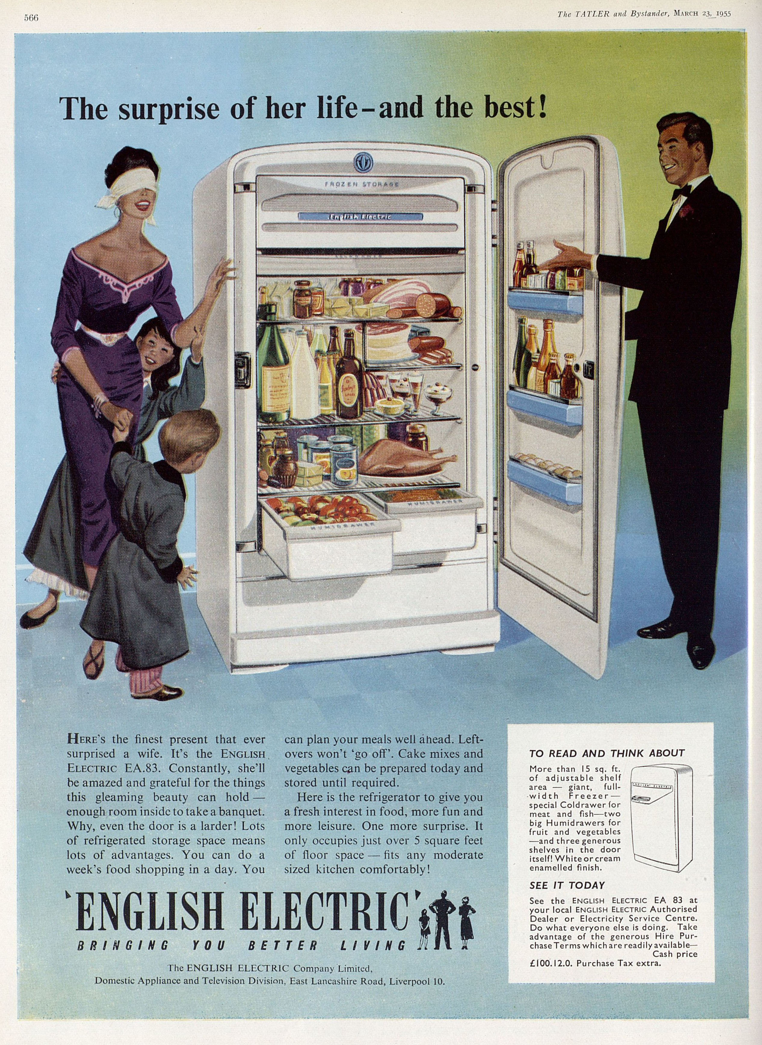 An advertisement for an 'English Electric' fridge titled "The surprise of her life - and the best!", featuring an illustration of a man holding open a fridge to a blindfolded woman with two children.