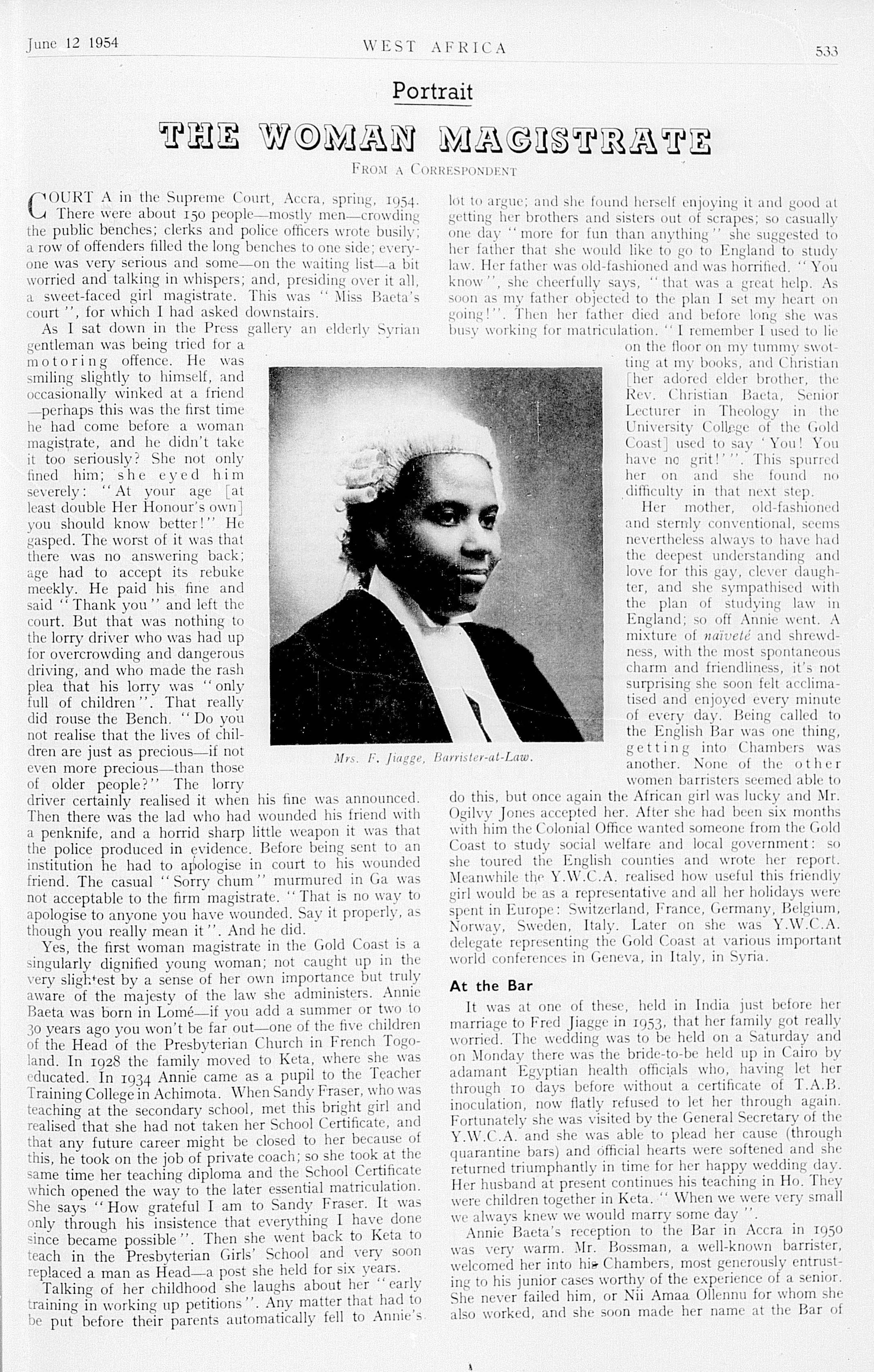 A page from West Africa Magazine titled "The Woman Magistrate", featuring two columns of text with a photograph of Annie Jiagge in the center. 