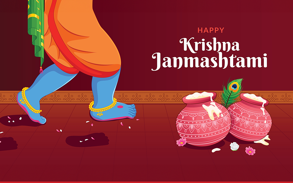 A cartoon image that reads "Krishna Janmashtami". A figure wearing orange trousers and gold anklets walks, leaving footprints. There are two vases with a decorative pattern, both filled with overflowing liquid.