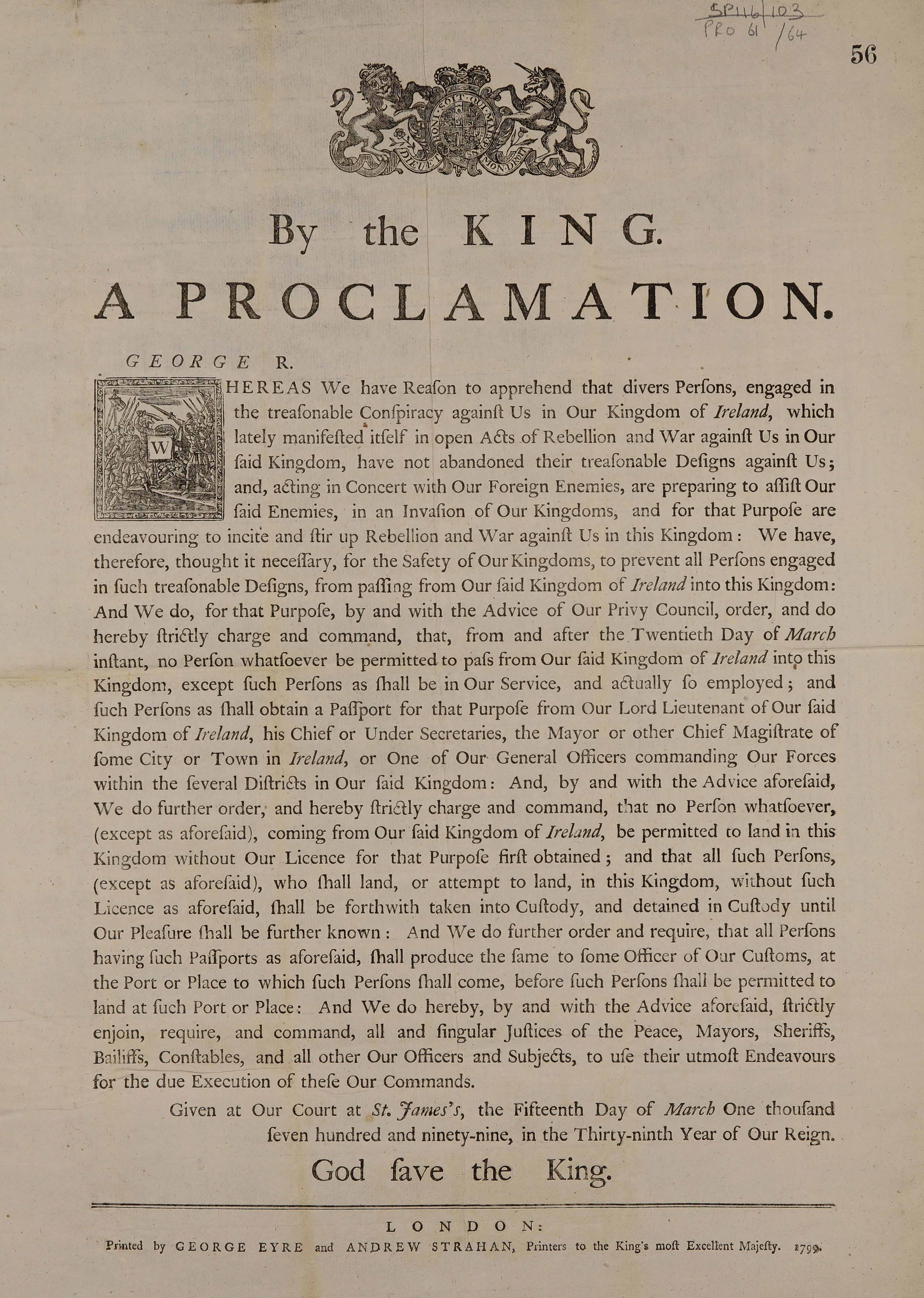 A page of typed text titled "By the King. A Proclamation." Dated 1799, signed "George R".