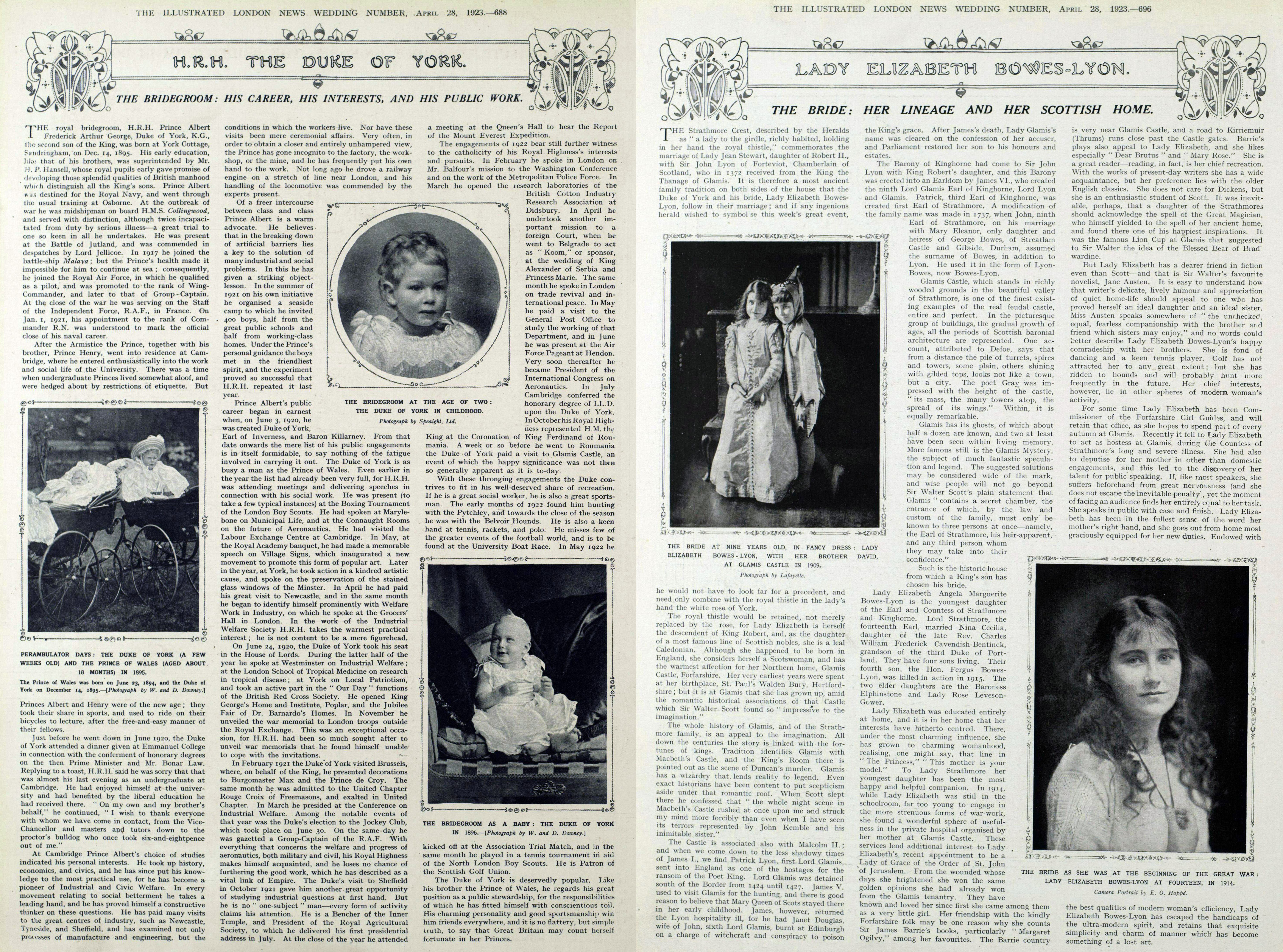 Two pages from The Illustrated London News, 28 April 1923. The left is titled "H.R.H. The Duke of York" and the right is titled "Lady Elizabeth Bowes-Lyon." Three columns of text feature on each page. On the left, the text is broken up by three photographs of King George VI as an infant. On the right, the text is broken up by two photographs of Elizabeth Bowes-Lyon as a young child.