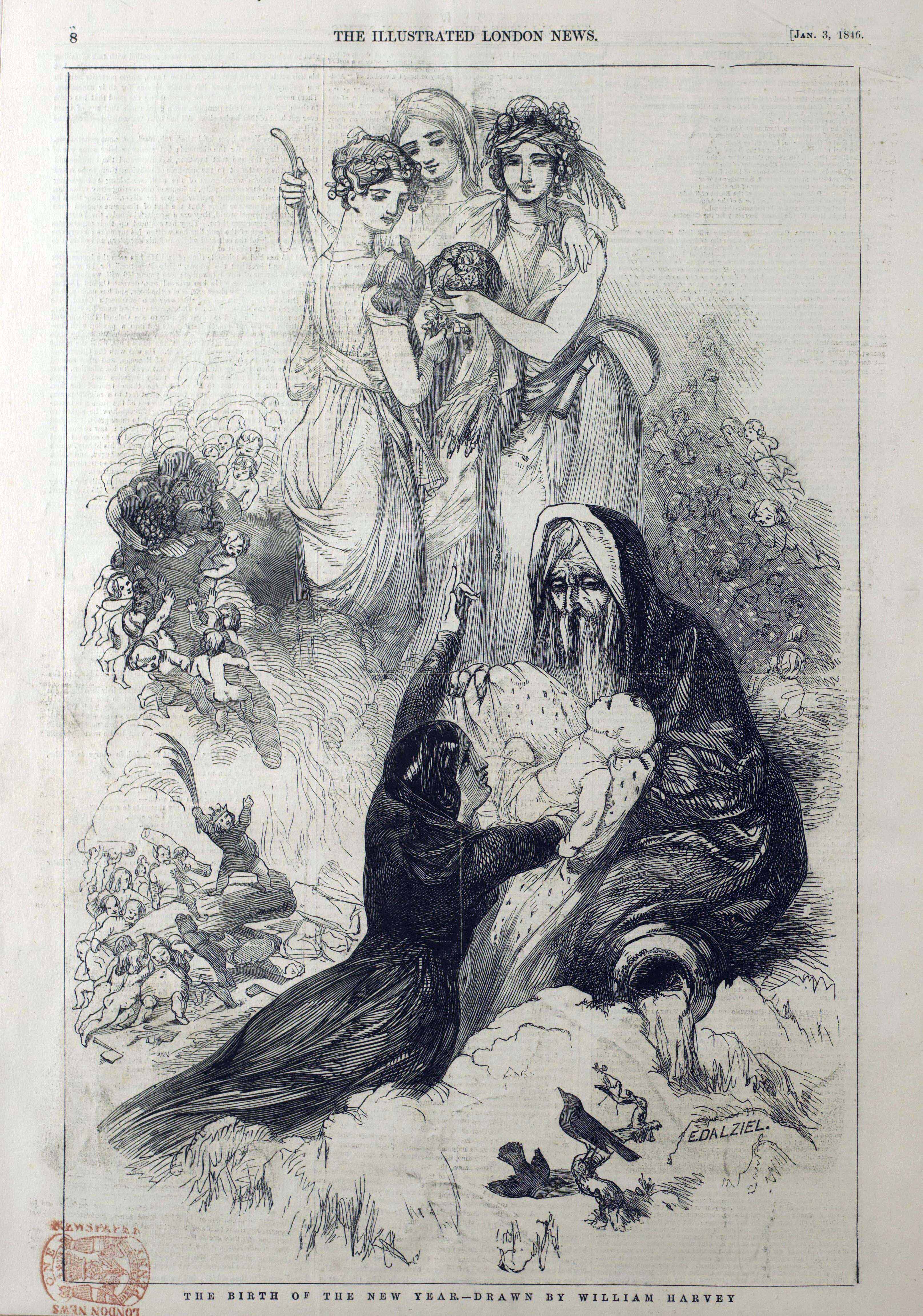 A full page illustration from The Illustrated London News captioned "The Birth of the New Year - Drawn by William Harvey". Three feminine figures are grouped together at the top of the illustration, each holding seasonal accessories. Below, a woman hands an elderly man a baby while pointing up towards the feminine figures. Small cherubs surround the image on the left and right. 