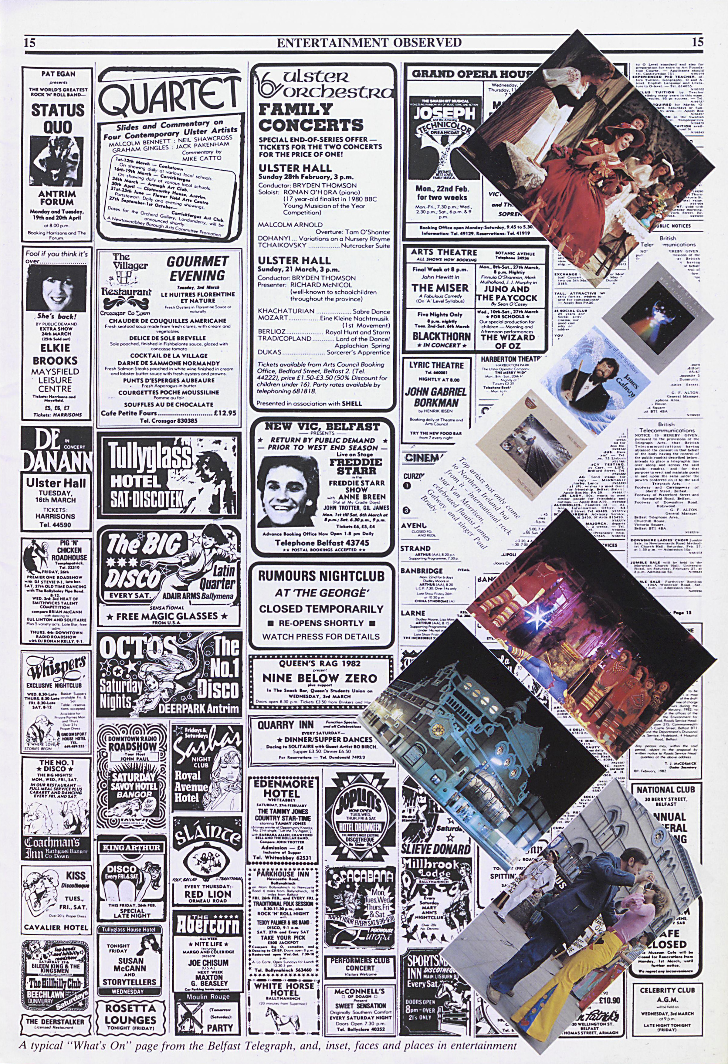 A "What's On" guide from Northern Ireland Observed. Boxes with information about entertainment cover the page in columns. Five coloured photographs of different sizes feature on the right of the page, slanted and covering some boxes.