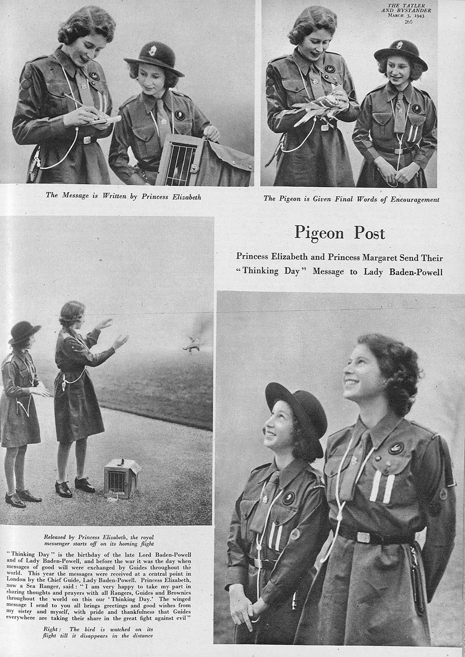 Four photographs of the young Princess Elizabeth and Princess Margaret, writing a message to be carried by pigeon. They are then seen attaching the message to the leg of the pigeon, releasing it, and watching it as it flies away. 