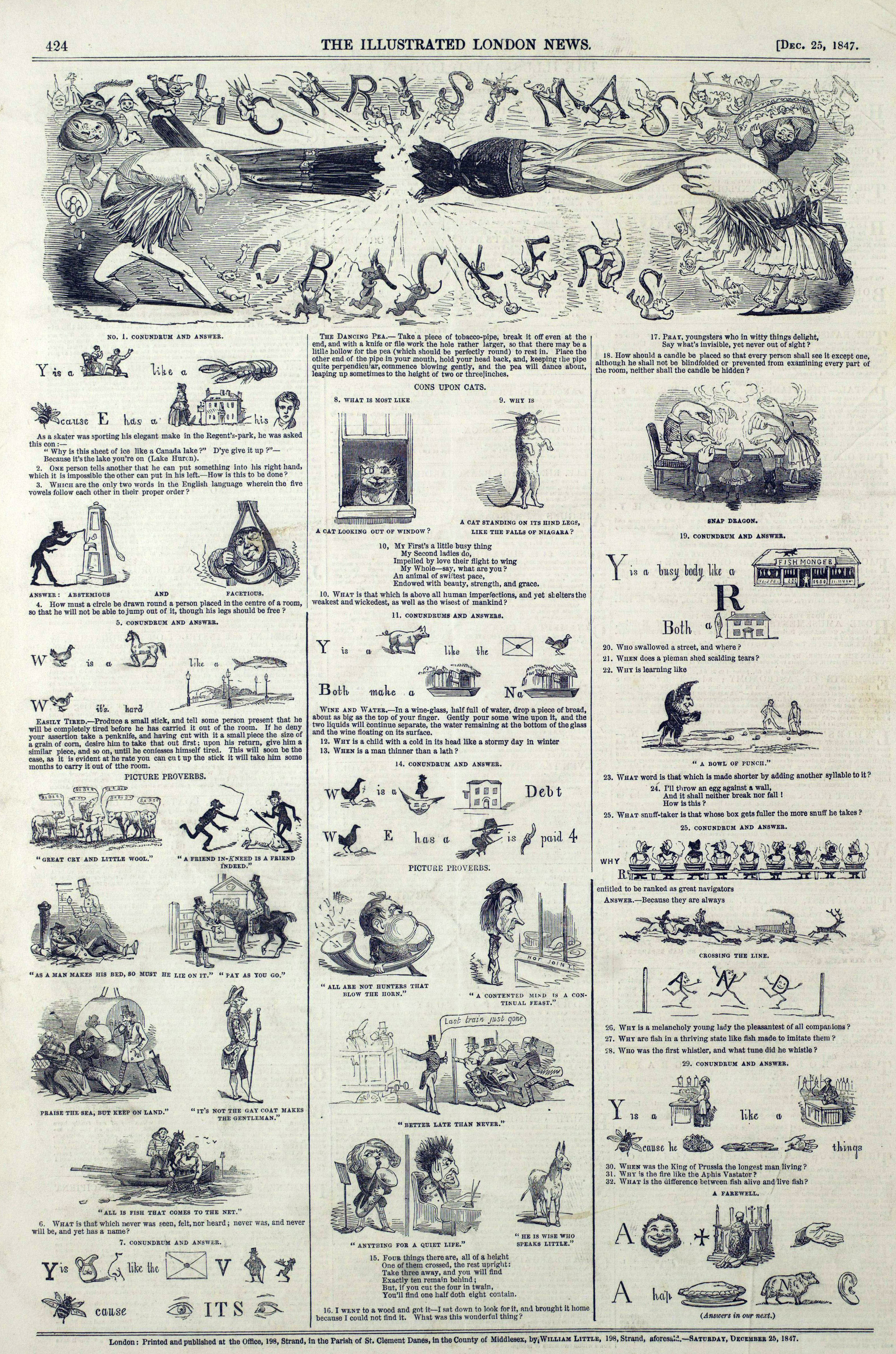 A page from the Illustrated London News, 25 December, 1847, titled "Christmas Crackers". It features three columns of brainteasers, including riddles, illustrated puzzles, and jokes. 