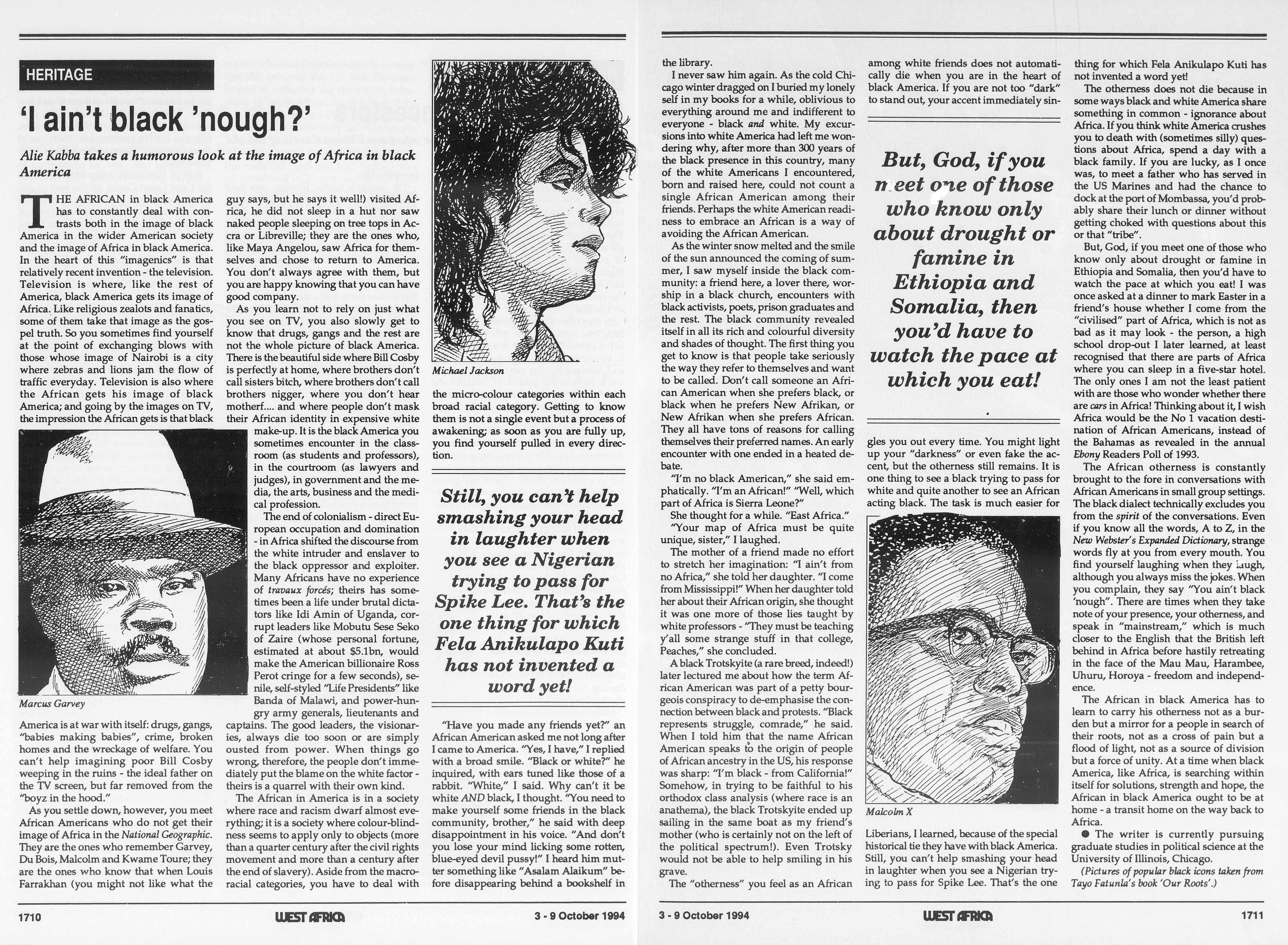 Two page spread from West Africa Magazine, 1994, titled "Heritage. 'I ain't black 'nough?'". Each page features three columns of text. Illustrations of the heads of Michael Jackson, Marcus Garvey, and Malcolm X feature across the pages.