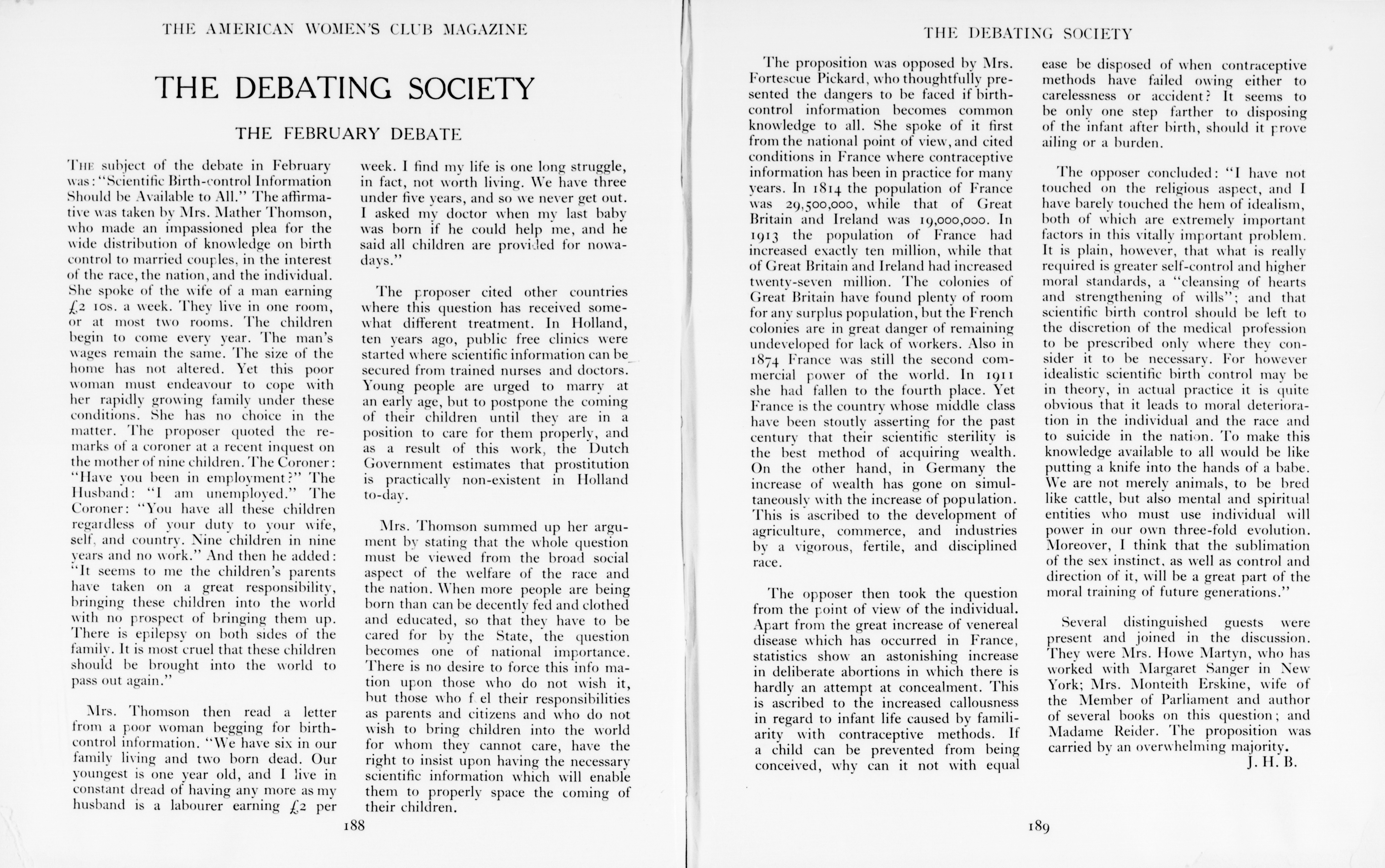 Two pages from the American Women's Club Magazine, titled "The Debating Society. The February Debate." Two columns of text feature on each page. 