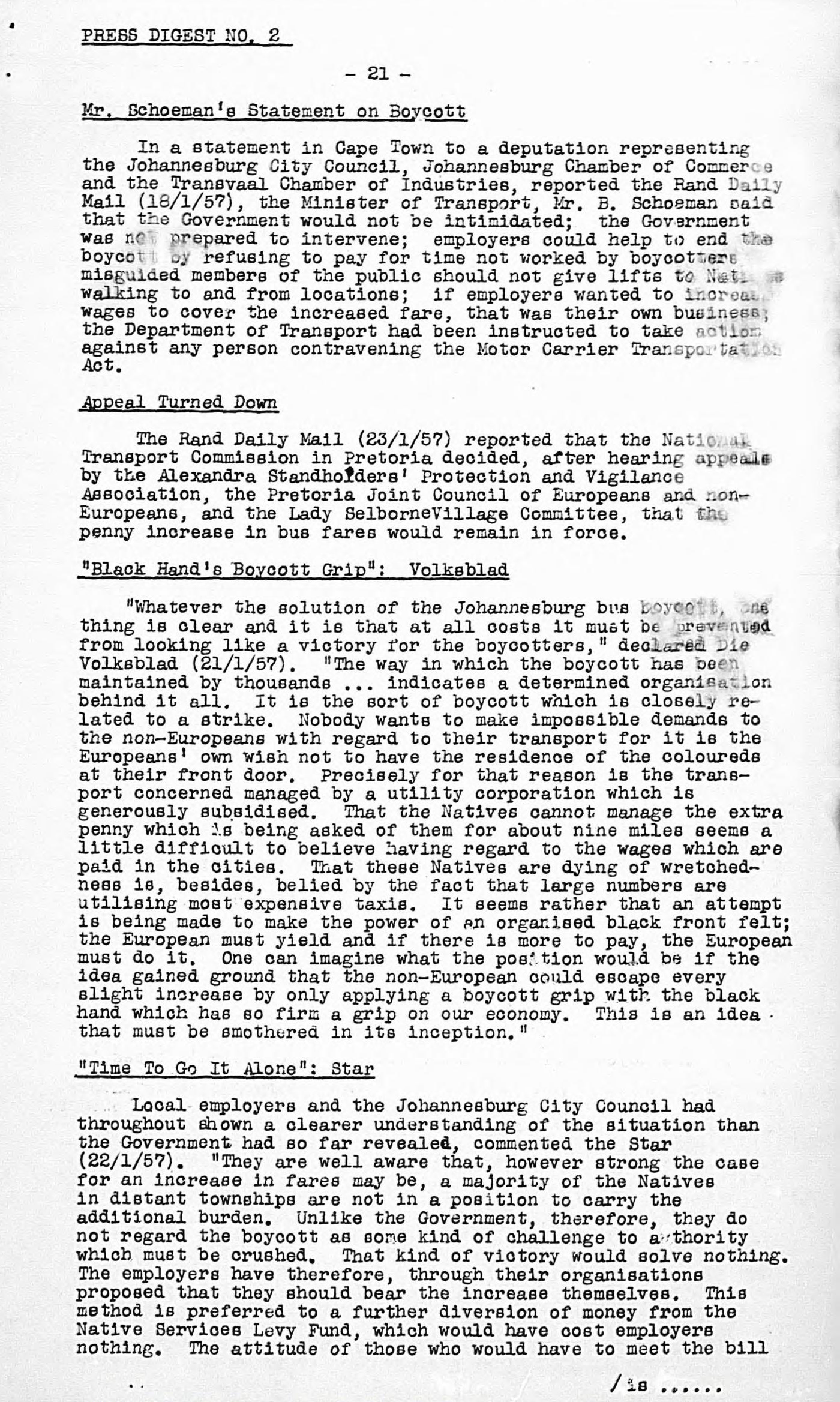 Page of typed text titled "Press Digest No. 2", featuring four titled paragraphs.