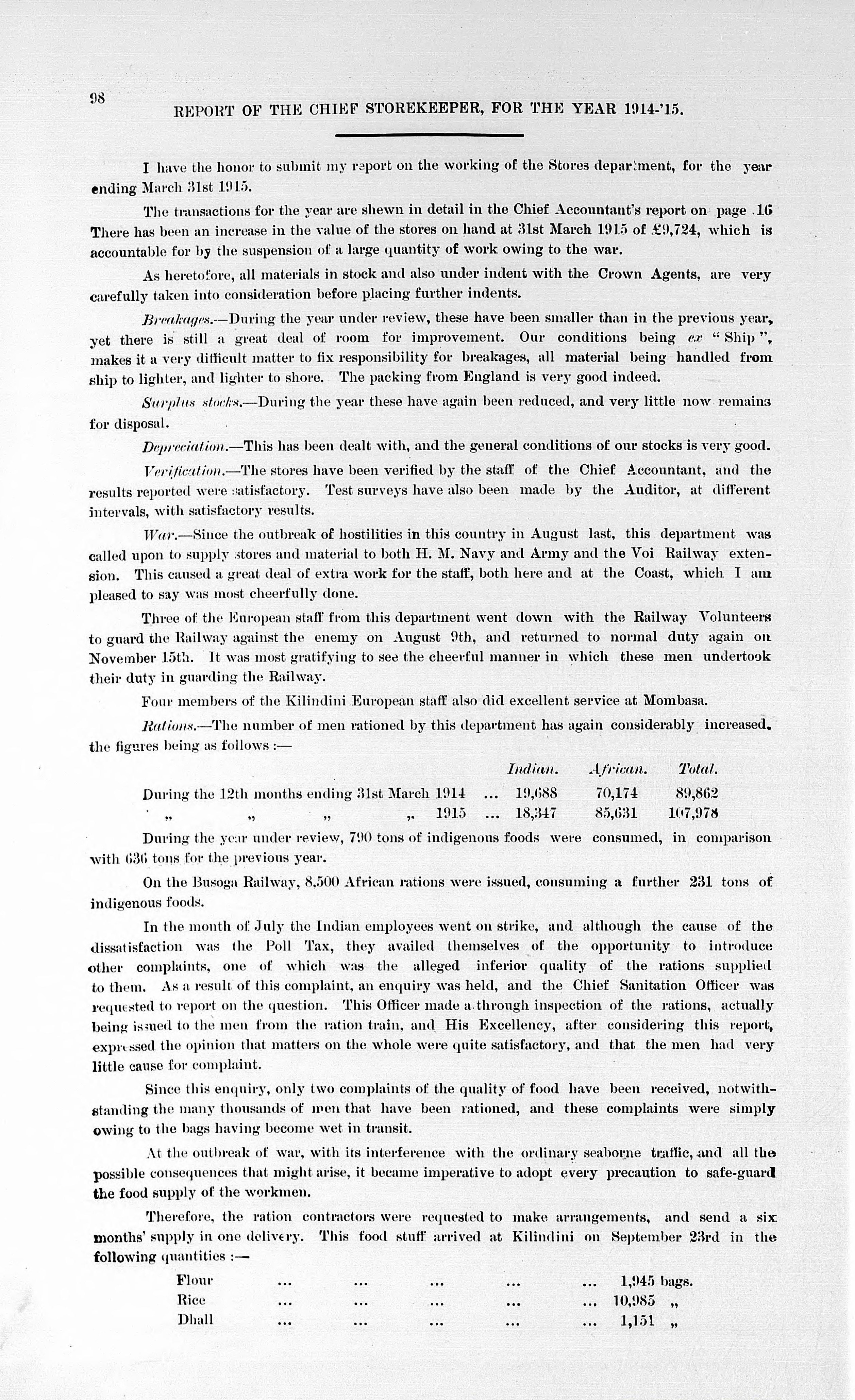 Page of typed text titled "Report of the Chief Storekeeper, For the Year 1914 - '15".