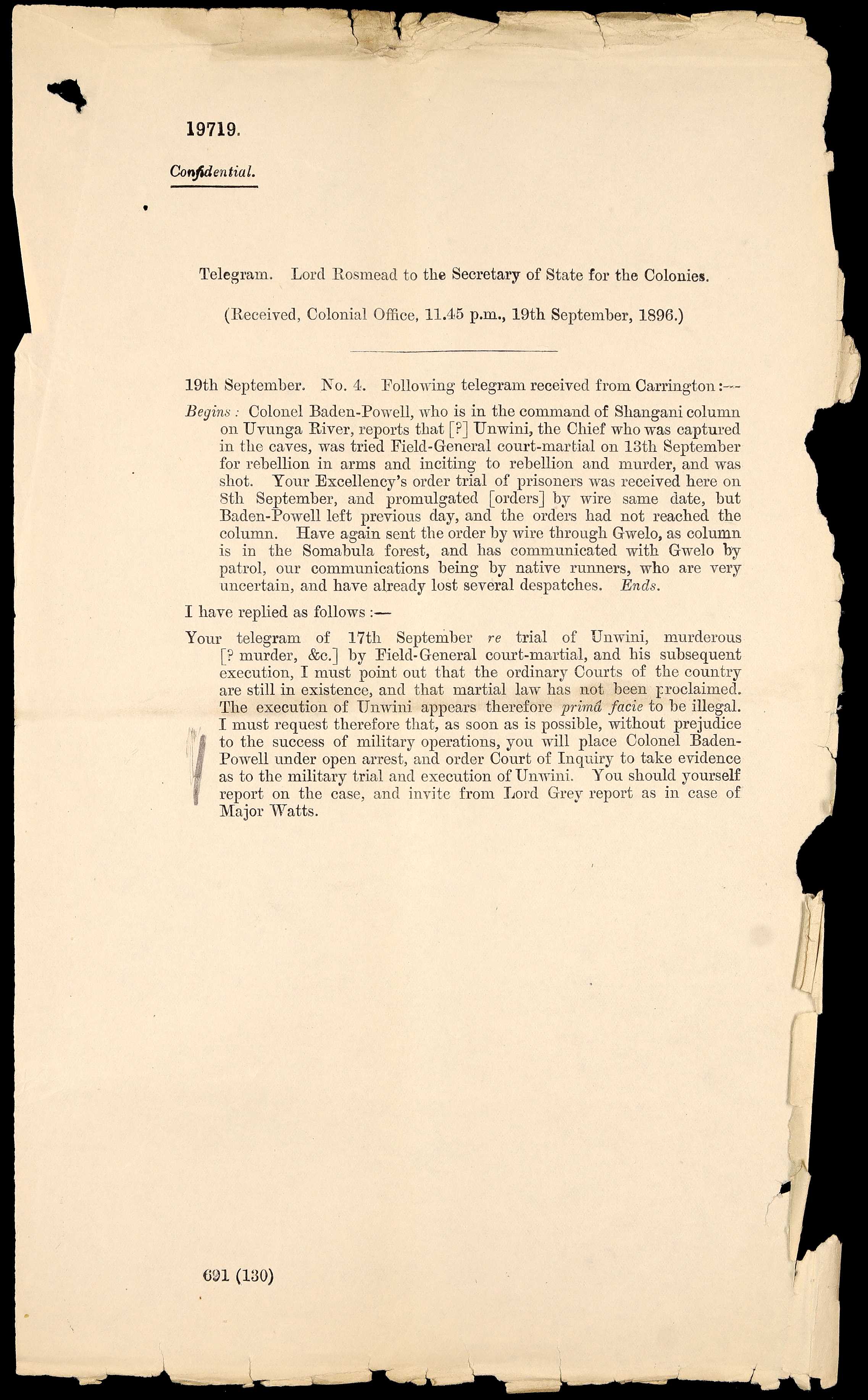 A confidential telegram from Lord Rosmead to Joseph Chamberlain. The edges of the page are torn. 