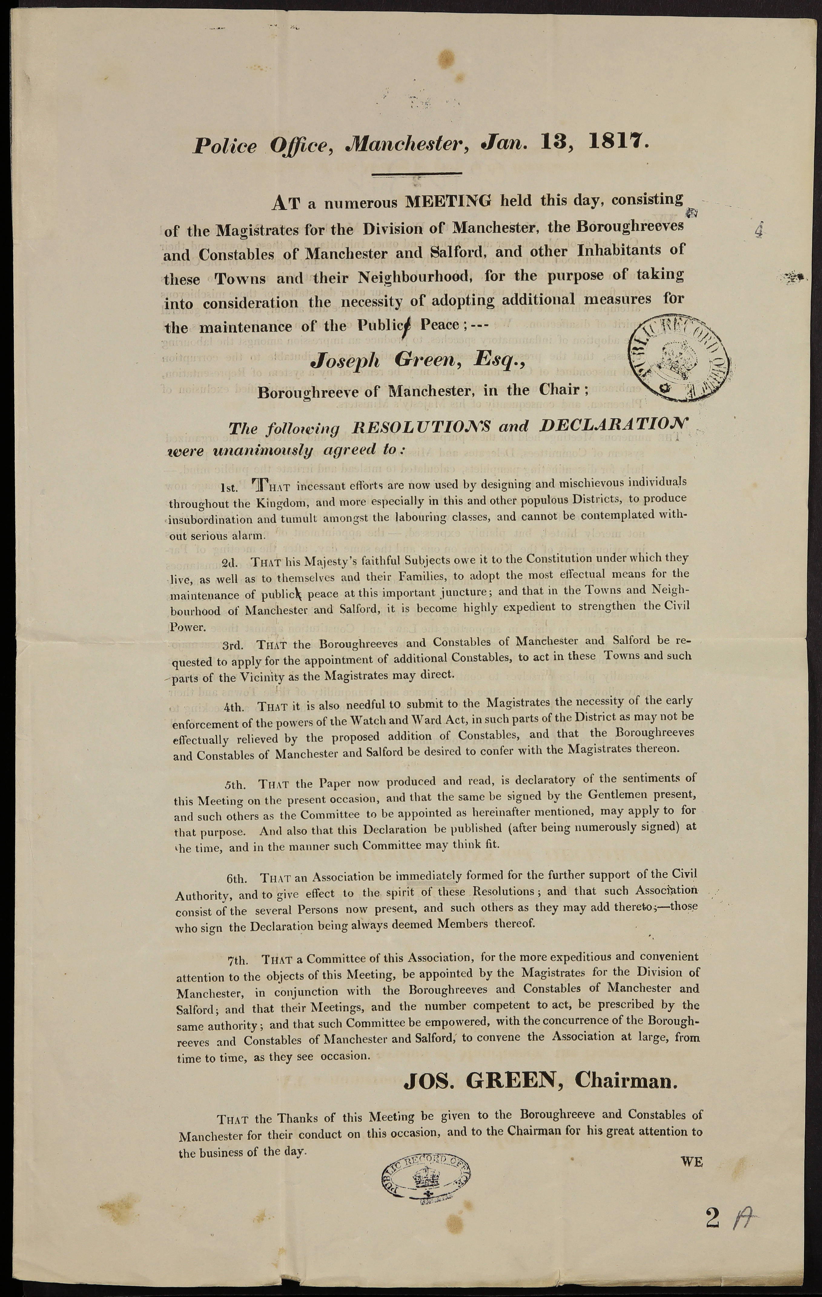 A page of typed text titled "Police Office, Manchester, Jan. 13 1817". A paragraph of text follows, signed by "Joseph Green, Esq." Seven numbered resolutions follow. It ends "Jos. Green, Chairman", followed by a short paragraph. 