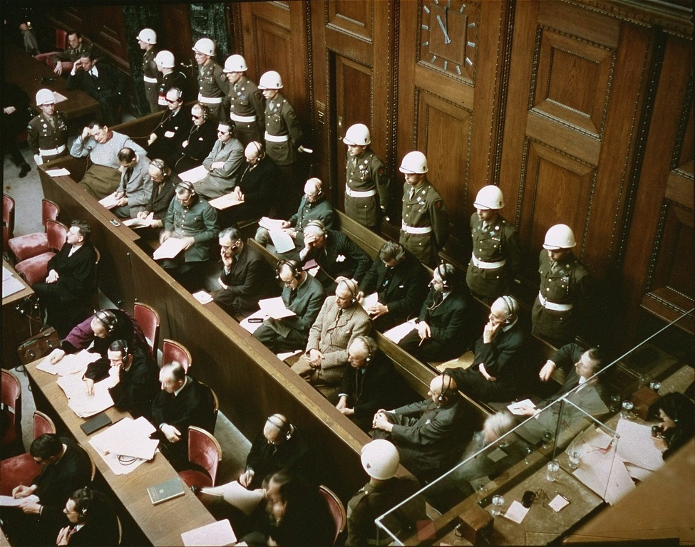 Photograph of the defendants in the dock at the International Military Tribunal trial of war criminals at Nuremberg, November 1945.