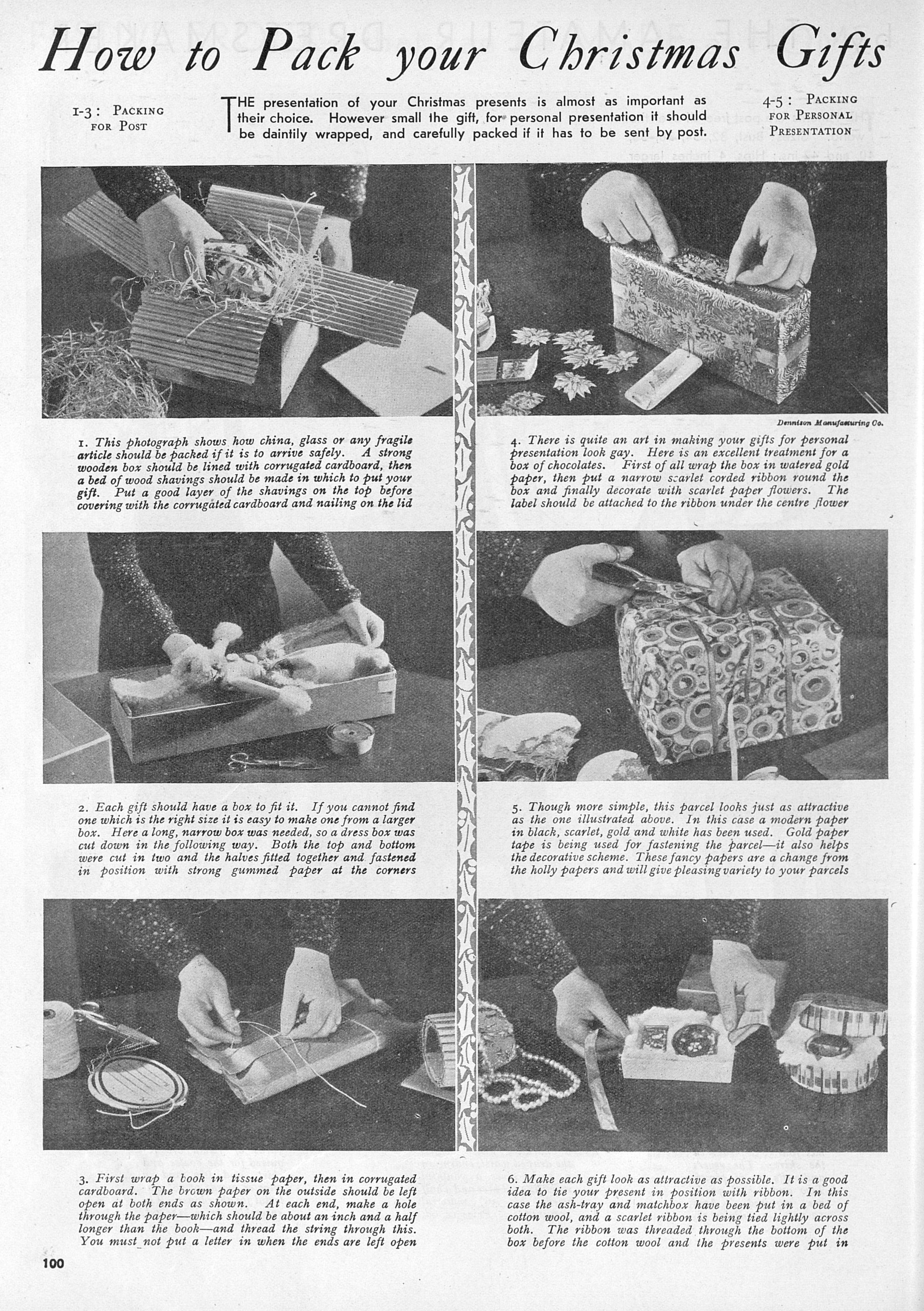 A page from Britannia and Eve titled "How to Pack your Christmas Gifts". It features six photographs of gifts being wrapped on a tabletop. Each photograph is accompanied by a small paragraph explaining how to wrap a Christmas gift, numbered 1 to 6.
