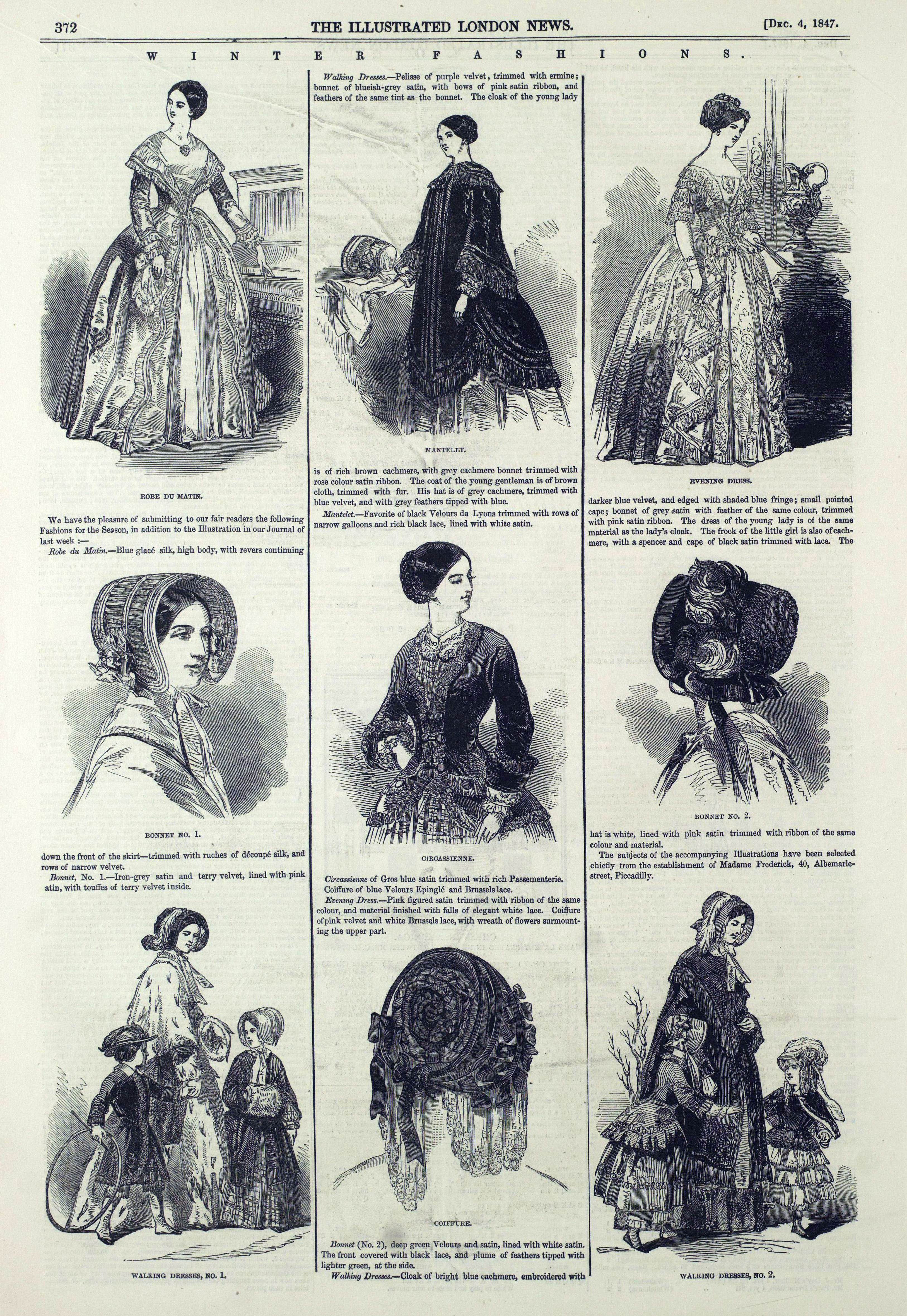 A page from the Illustrated London News, 4 December 1847, titled "Winter Fashions". It features nine illustrations of women and children in winter clothing, including bonnets and walking dresses. They are arranged in three columns, and each illustration is accompanied by a short caption.