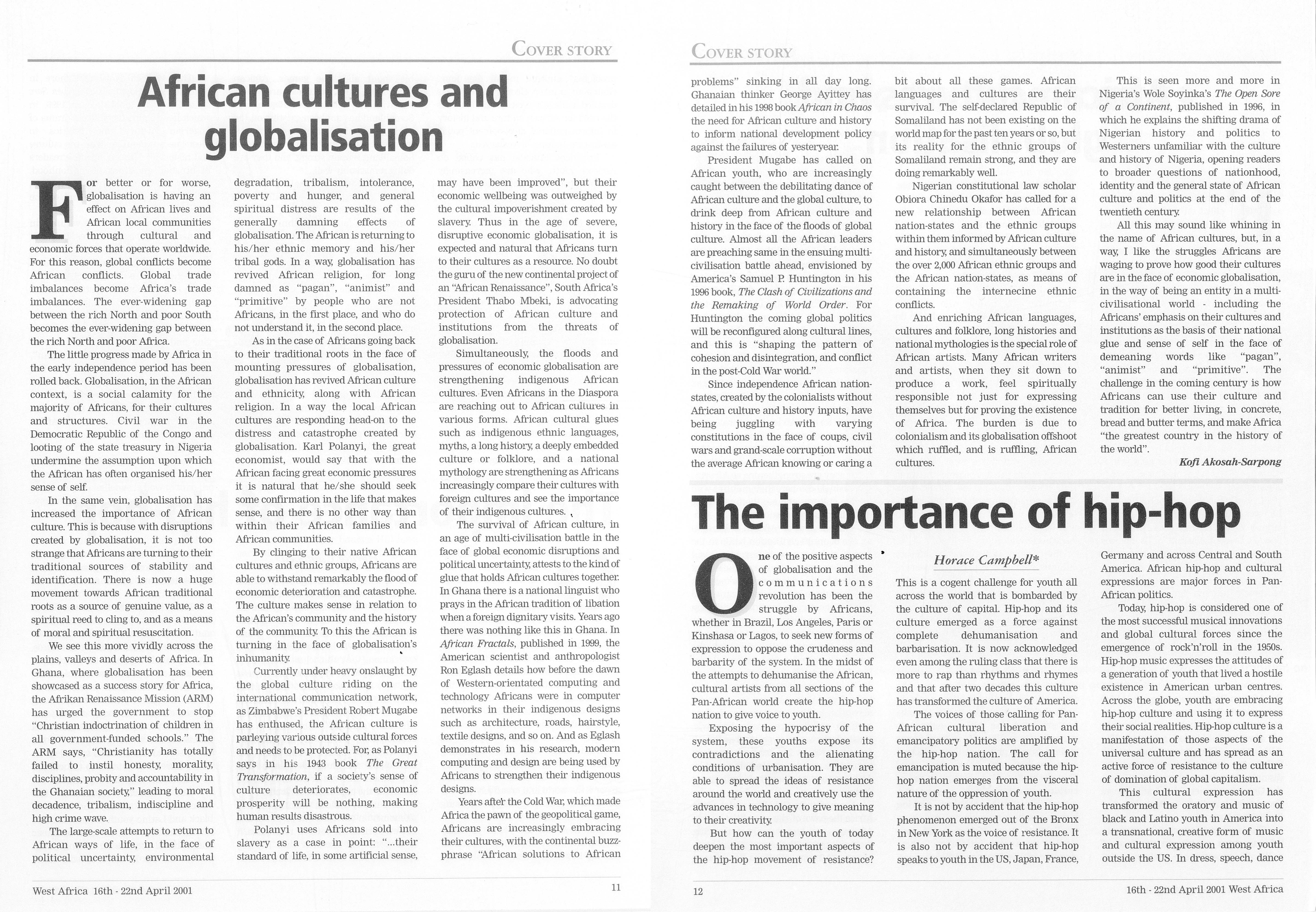 Two page spread from West Africa Magazine, 16th-22nd April 2001, titled "African Cultures and Globalisation". The beginning of an article titled "The importance of hip-hop" is on the right page.