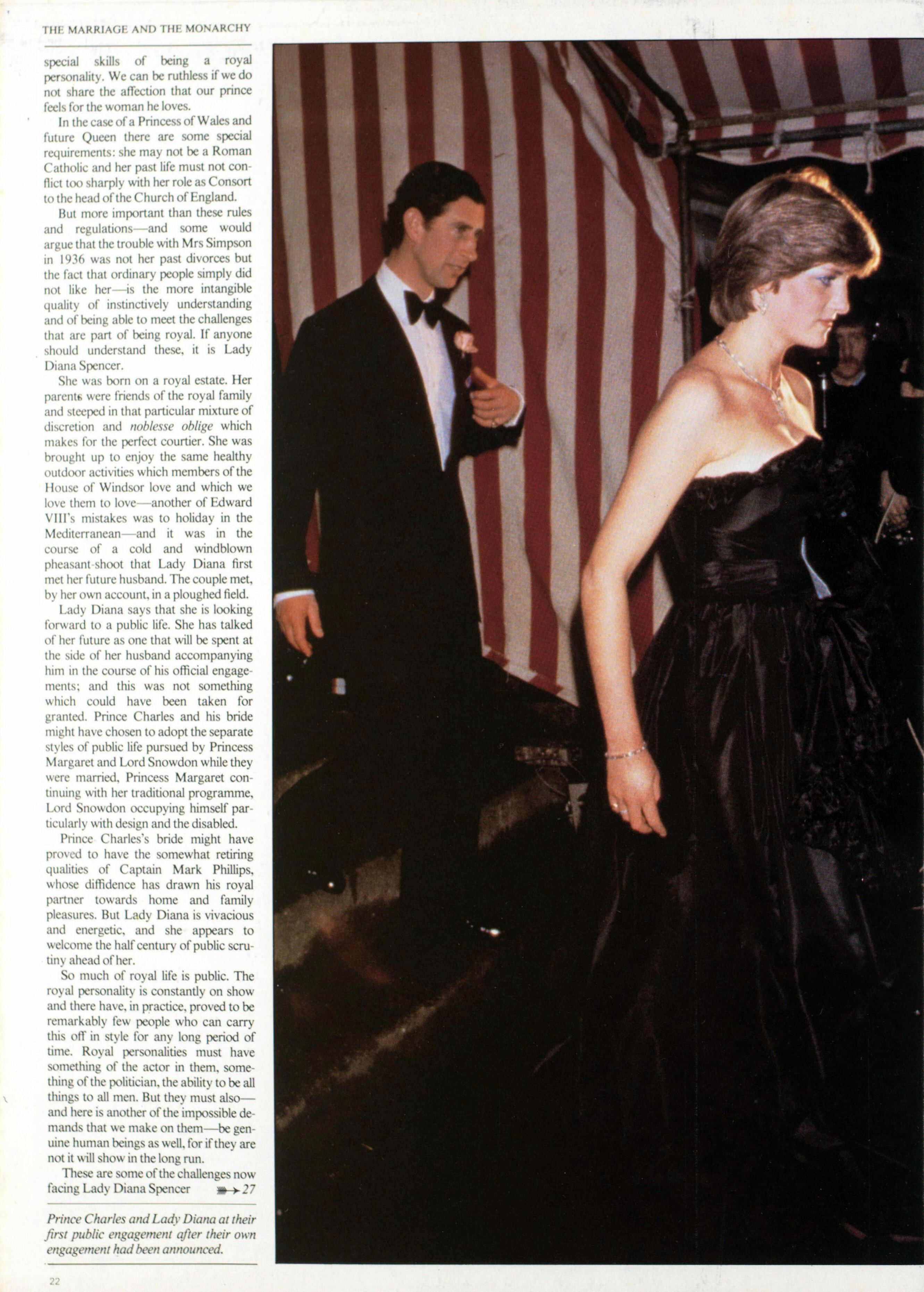 A page from The Illustrated London News, July 1981. A column of text goes down the left of the page, and a large photograph of Diana Spencer and King Charles III walking to the right features on the right.