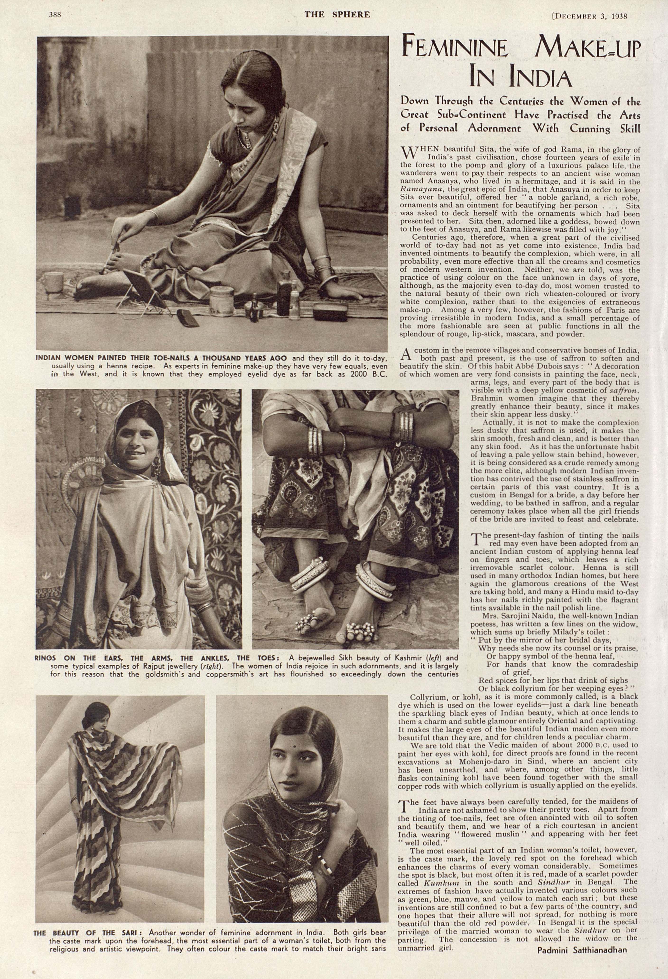 A page from The Sphere titled "Feminine Makeup in India". A column of text is on the right of the page. Five photographs of Indian women wearing elaborate clothing and accessories feature on the left. 