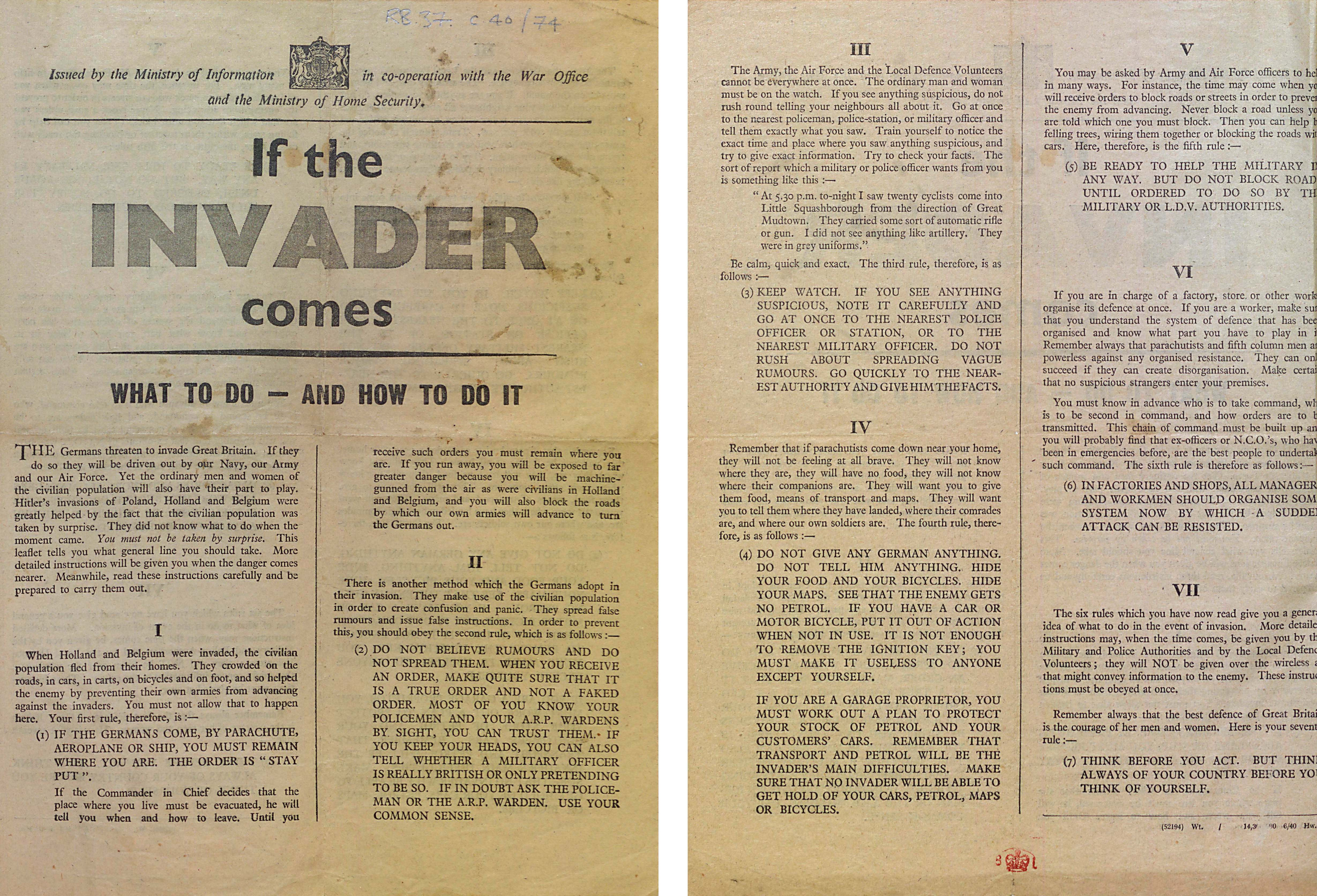 Two pages from a leaflet titled "If the Invader Comes. What to Do - and How to Do it", which features on the left page. Below the title are four paragraphs of text in two columns, with the titles "I" and "II". On the right page are five paragraphs of text in two columns, titled "III", "IV", "V", "VI", and "VII".