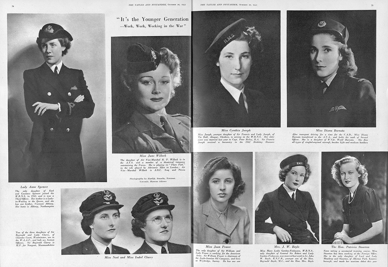 A double page spread of The Tatler, which features photographs of nine women, all of which are dressed in different styles of uniform. Each woman has posed for their photograph, and there is a caption beneath each woman that says her name and role in the war effort.
