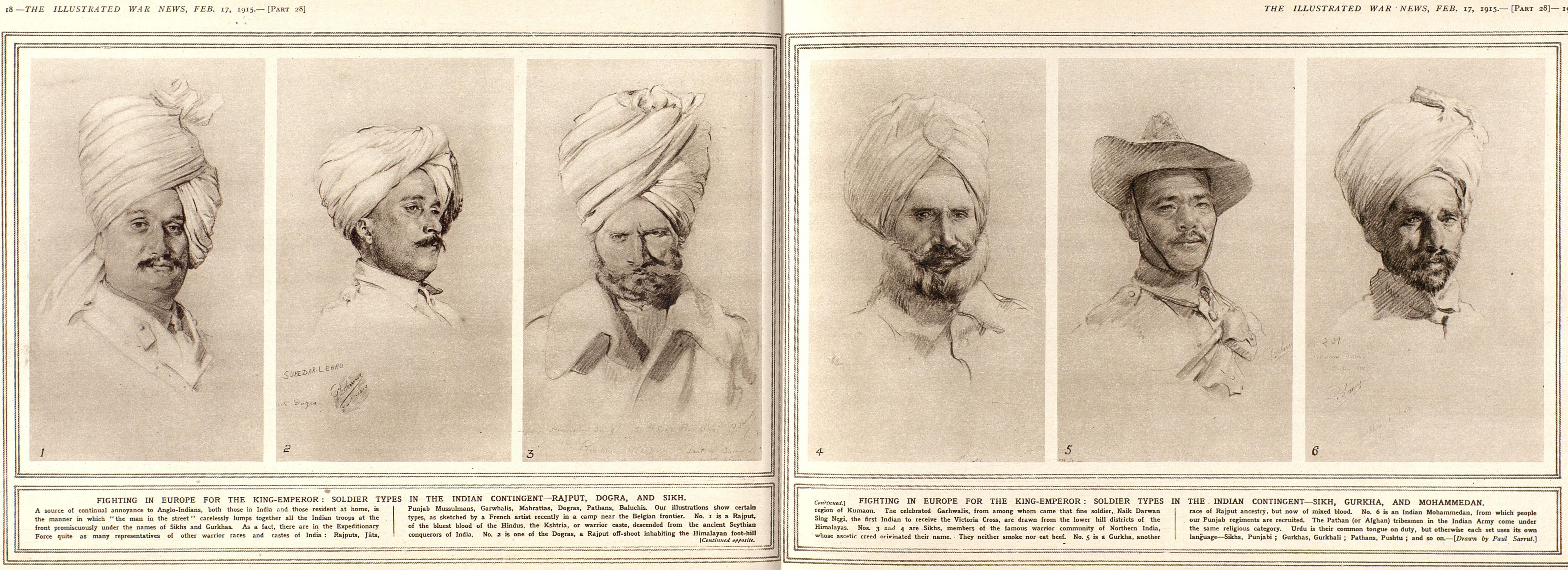 A double page spread from The Illustrated War News featuring six portraits of Indian soldiers. Captions beneath feature two columns of text on each page.