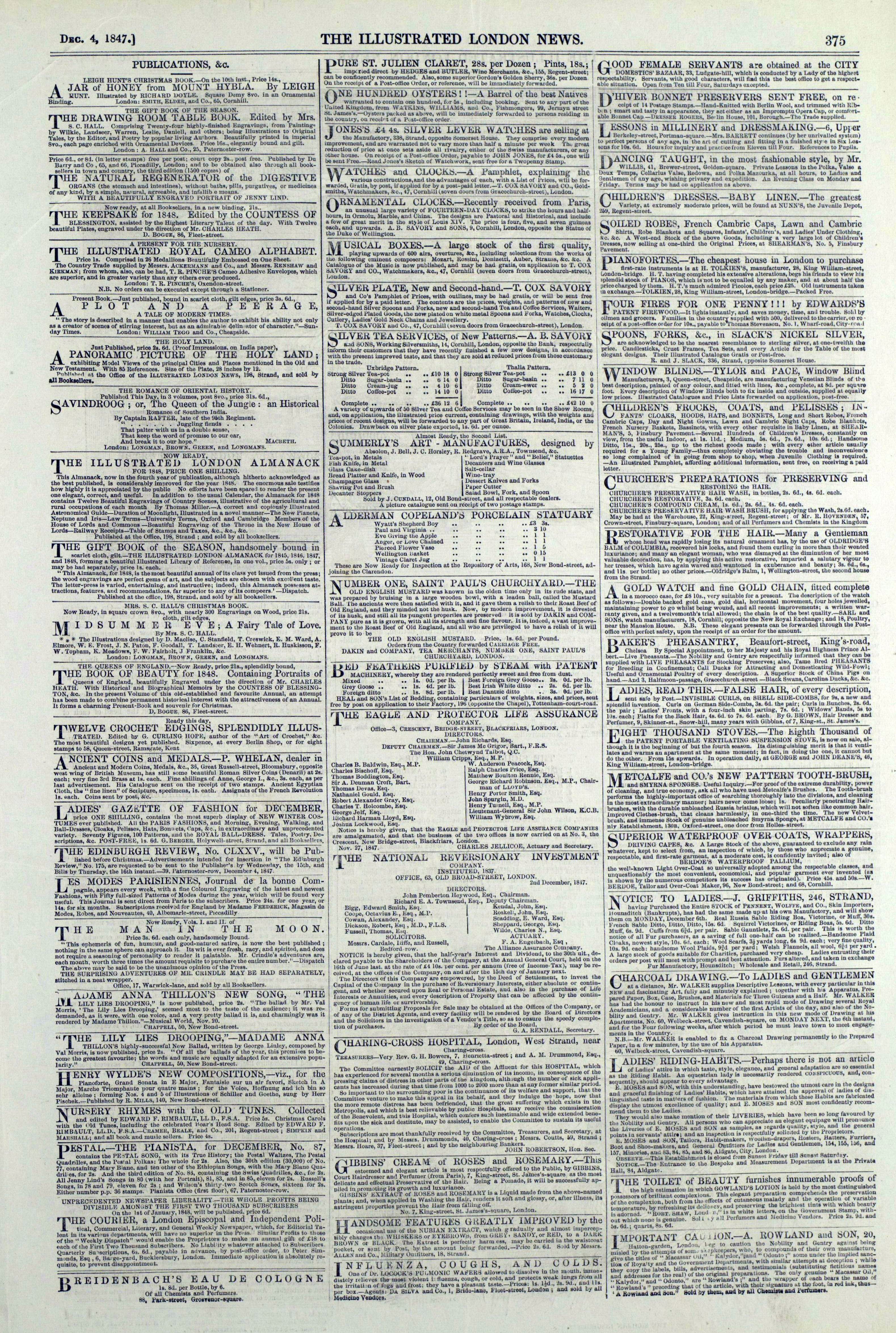 A page of advertisements from the Illustrated London News, 4 December 1847.